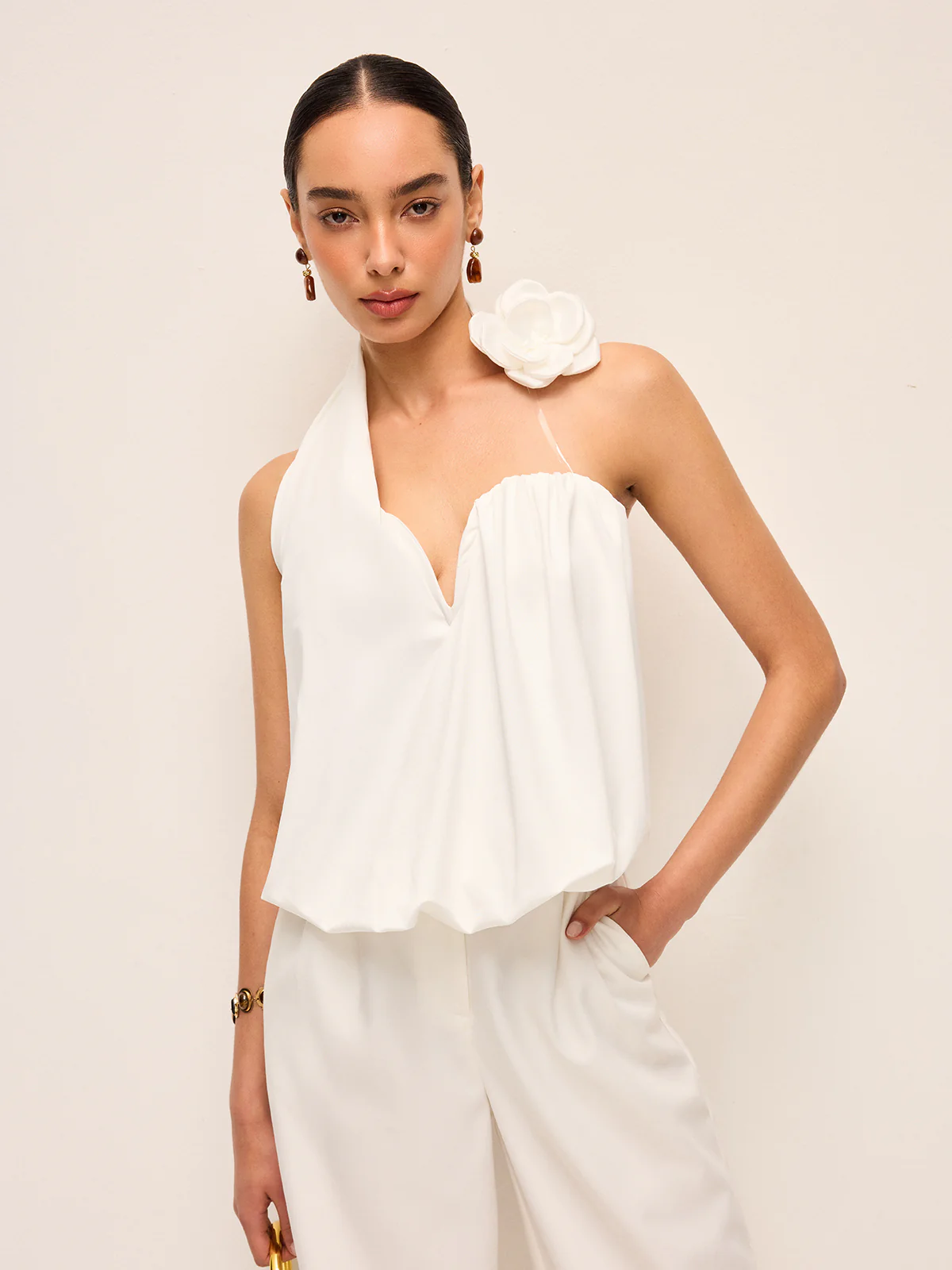 3D Floral Embellished Halter Top - Takermore