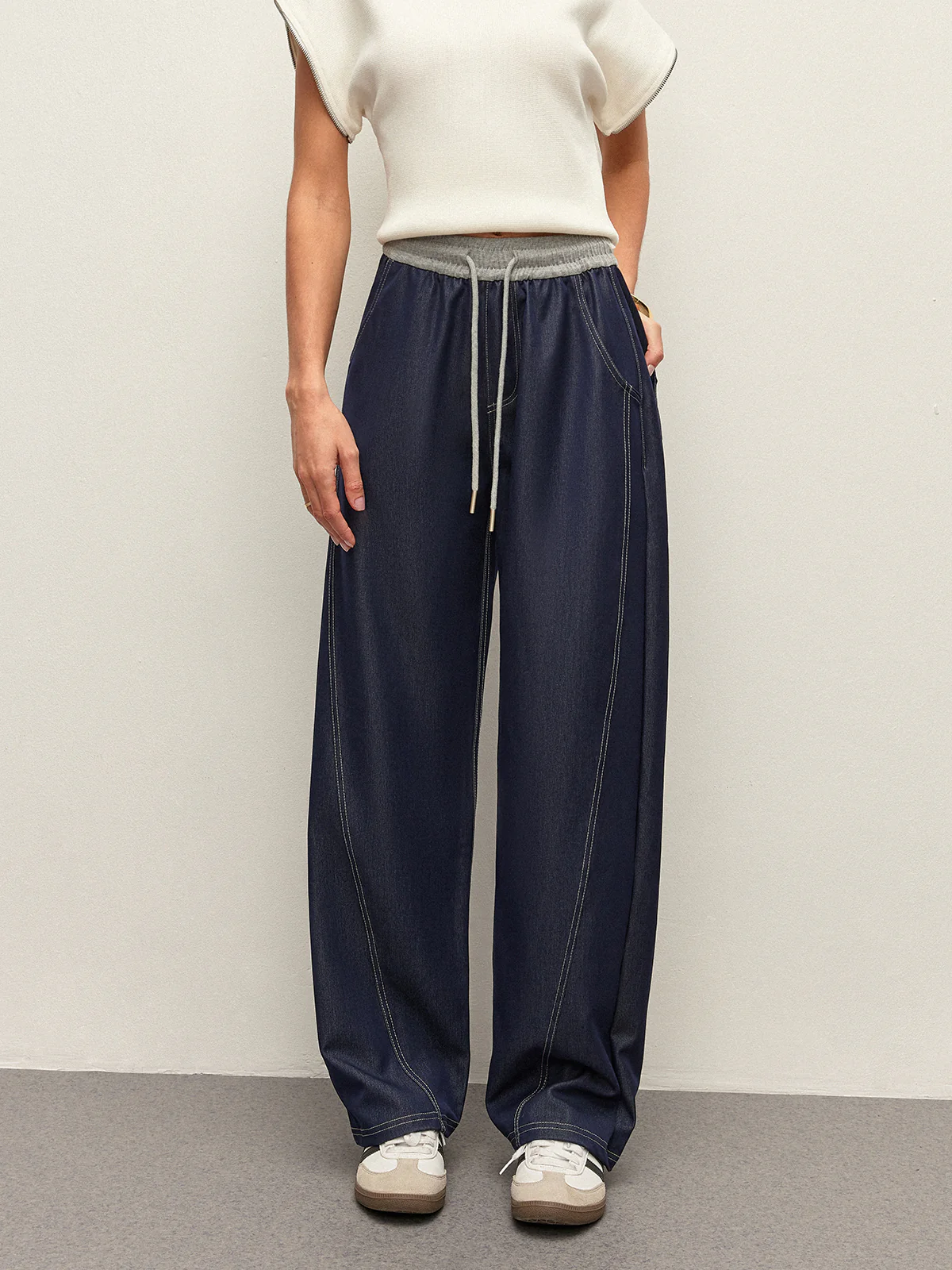 High-Waist Drawstring Denim Pants With Pockets - Takermore