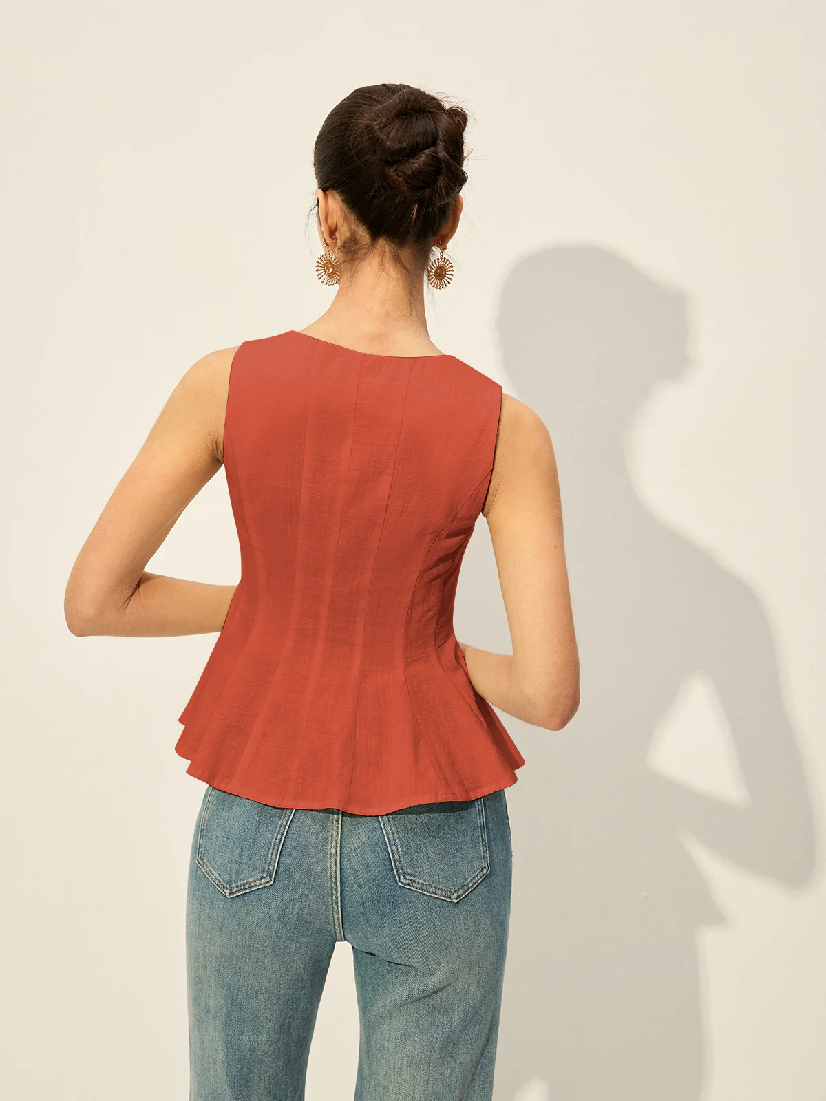 Square Neck Button-Front Peplum Top - Takermore