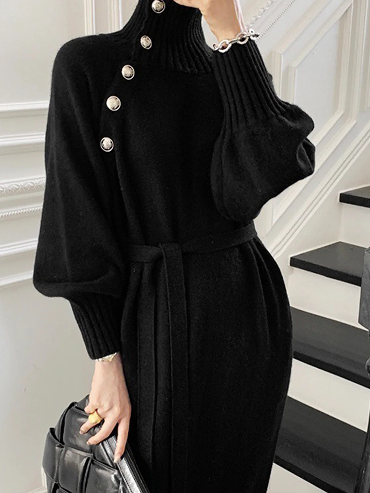 Turtleneck Button Belted Sweater Dress - Takermore