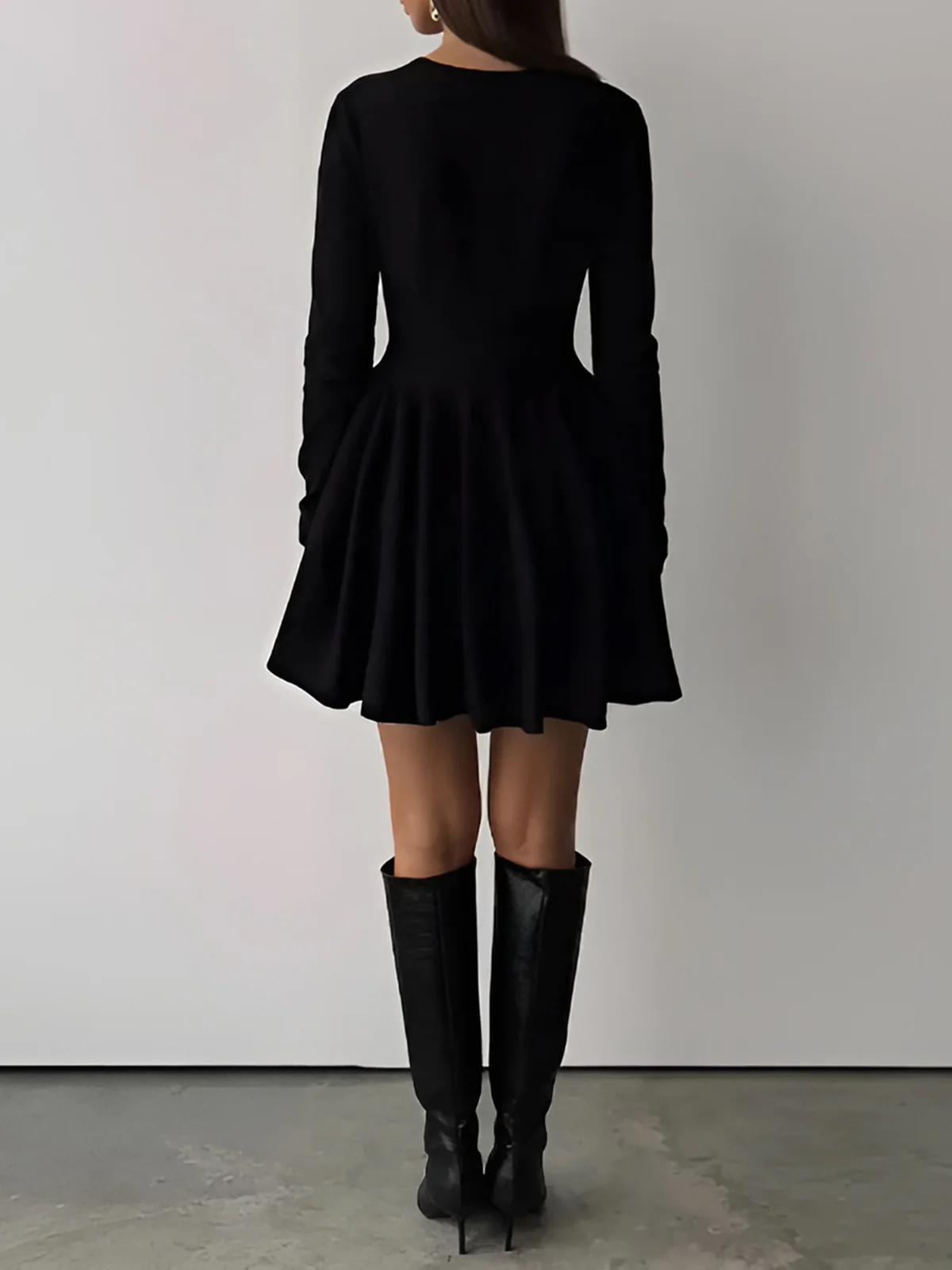 Plain Pleated Sweater Short Dress - Takermore