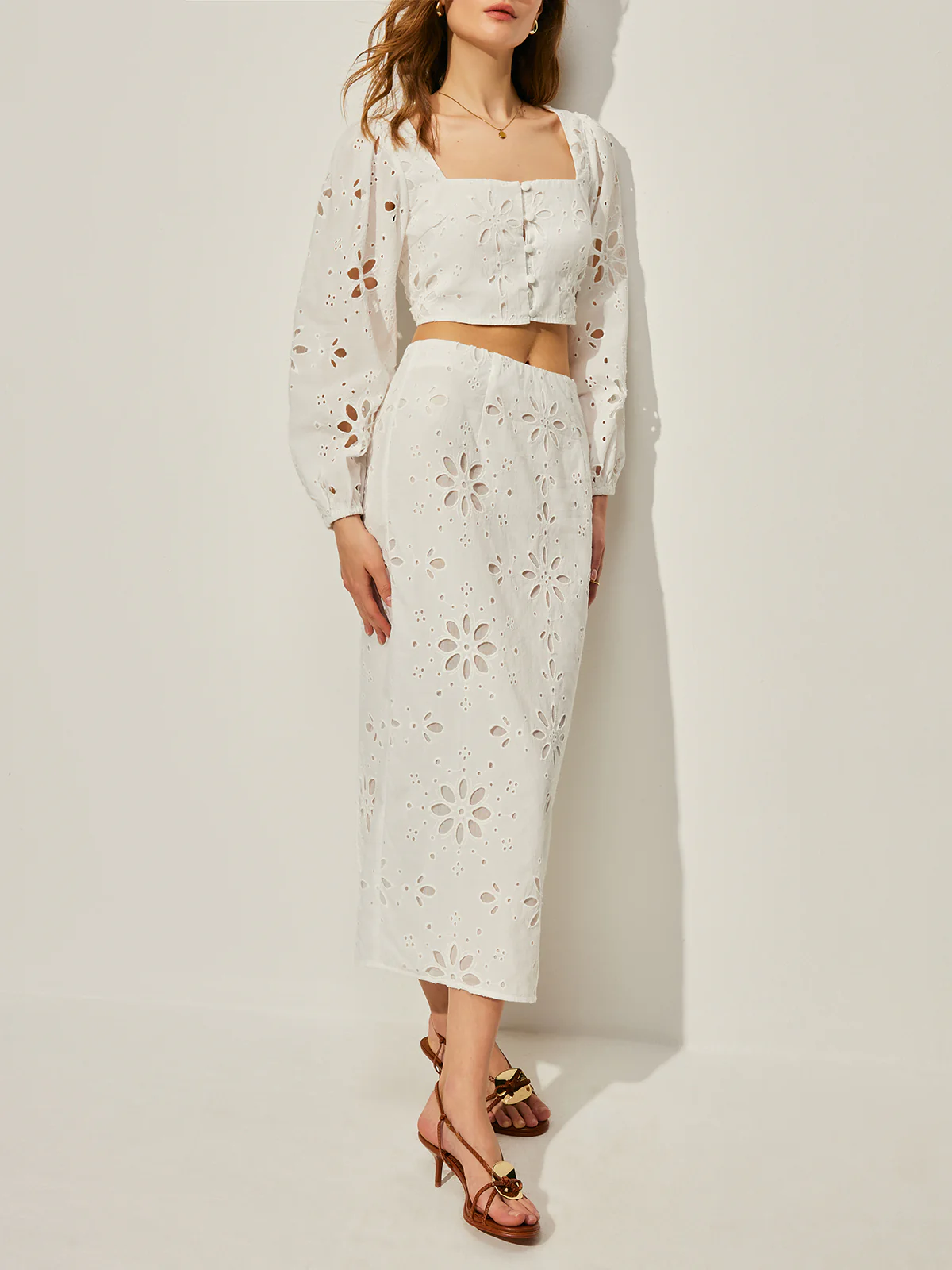 Cotton Hollow Floral Skirt Set - Takermore