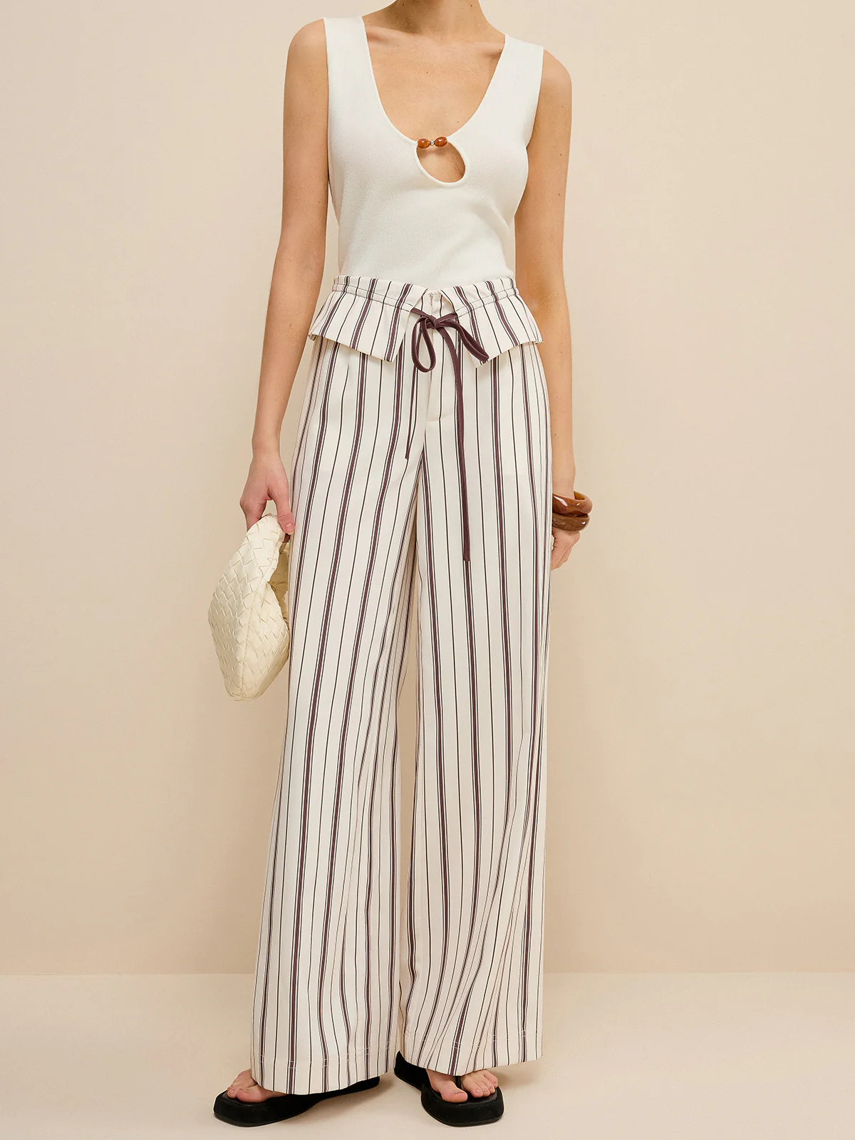 Striped Wide-Leg Pants with Peplum Waist - Takermore