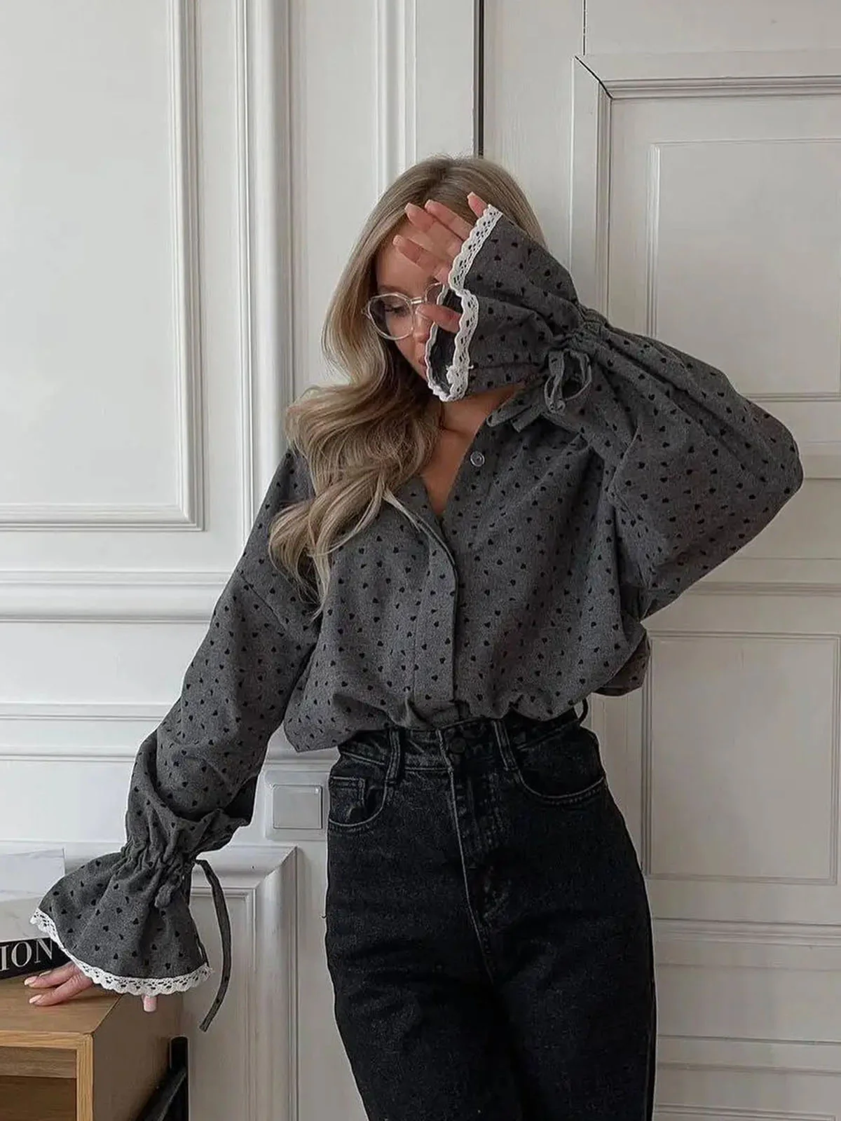 Women Heart Print Button Down Shirt - Takermore