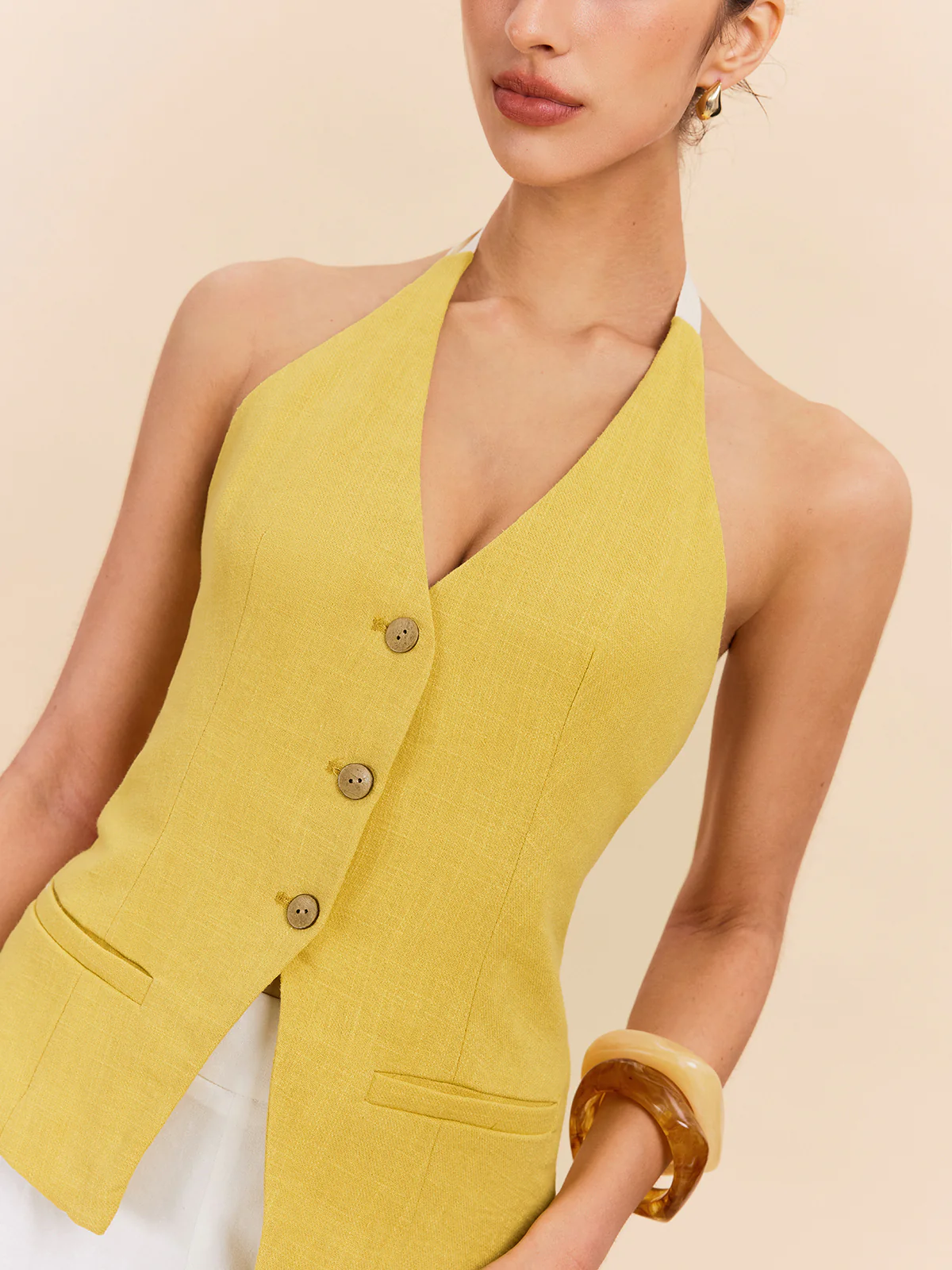 Cotton & Linen Halter Top With Decor Pocket - Takermore