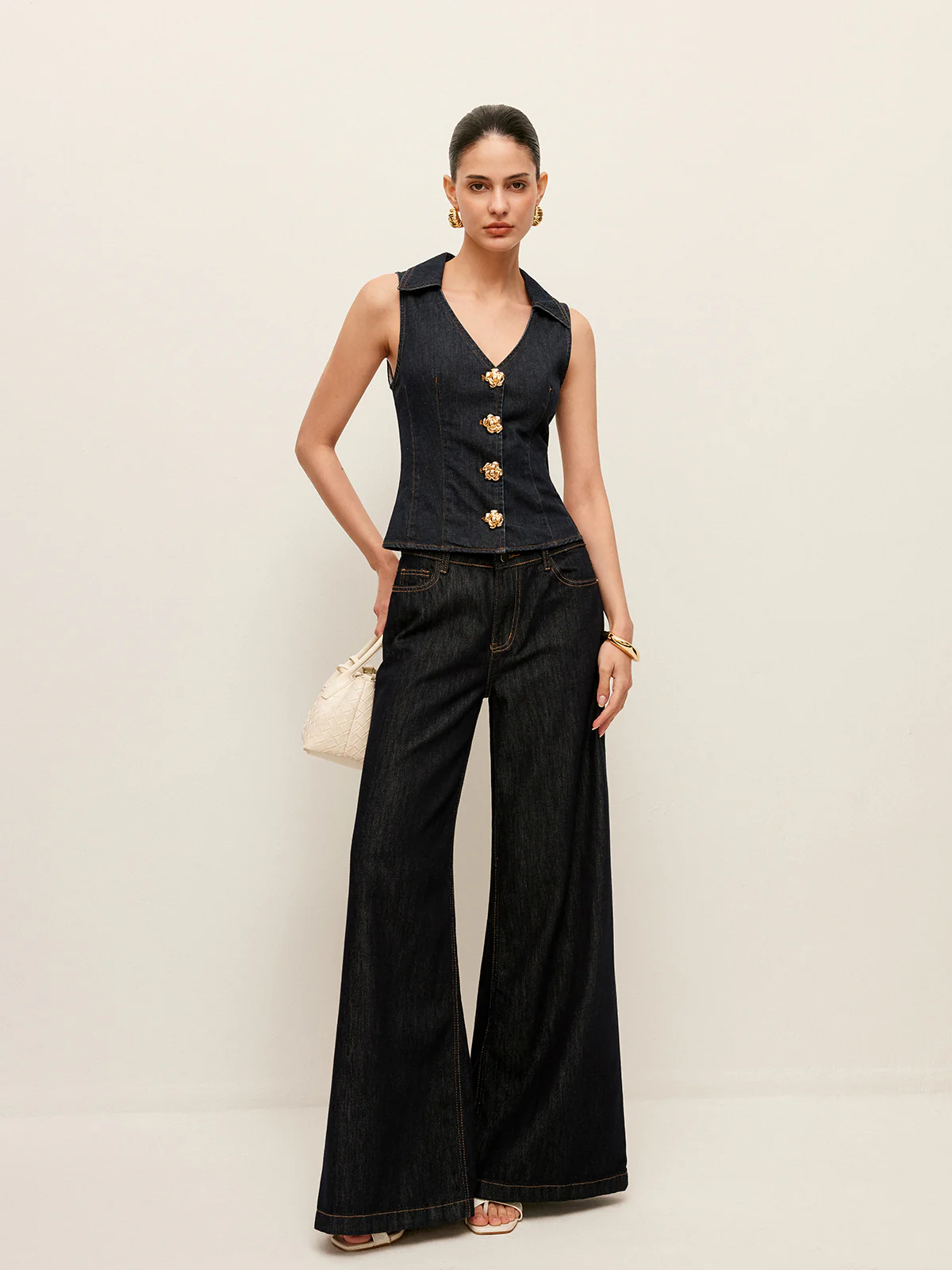 Denim Collared Vest With Floral Button Detail - Takermore