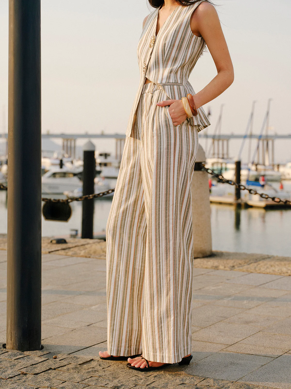 Linen & Cotton Mid-Waist Striped Wide-Leg Pants - Takermore