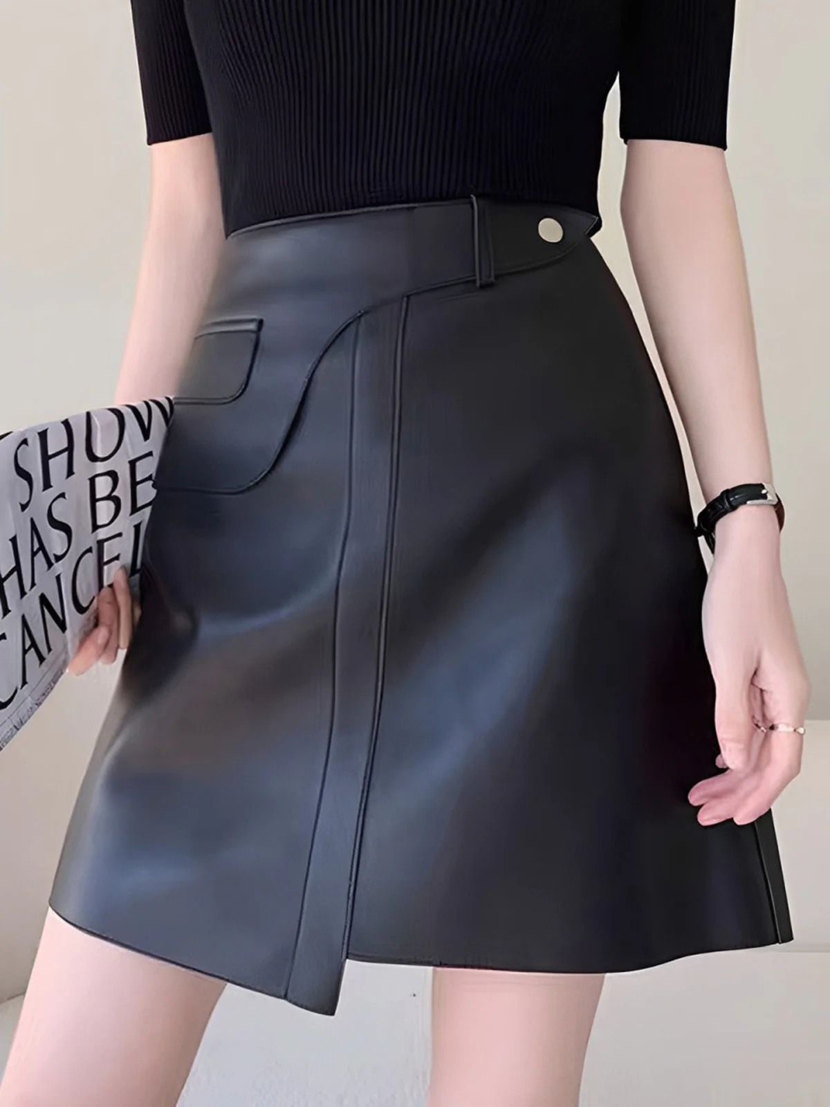 Mid-Waist Asymmetrical Faux Leather Mini Skirt - Takermore