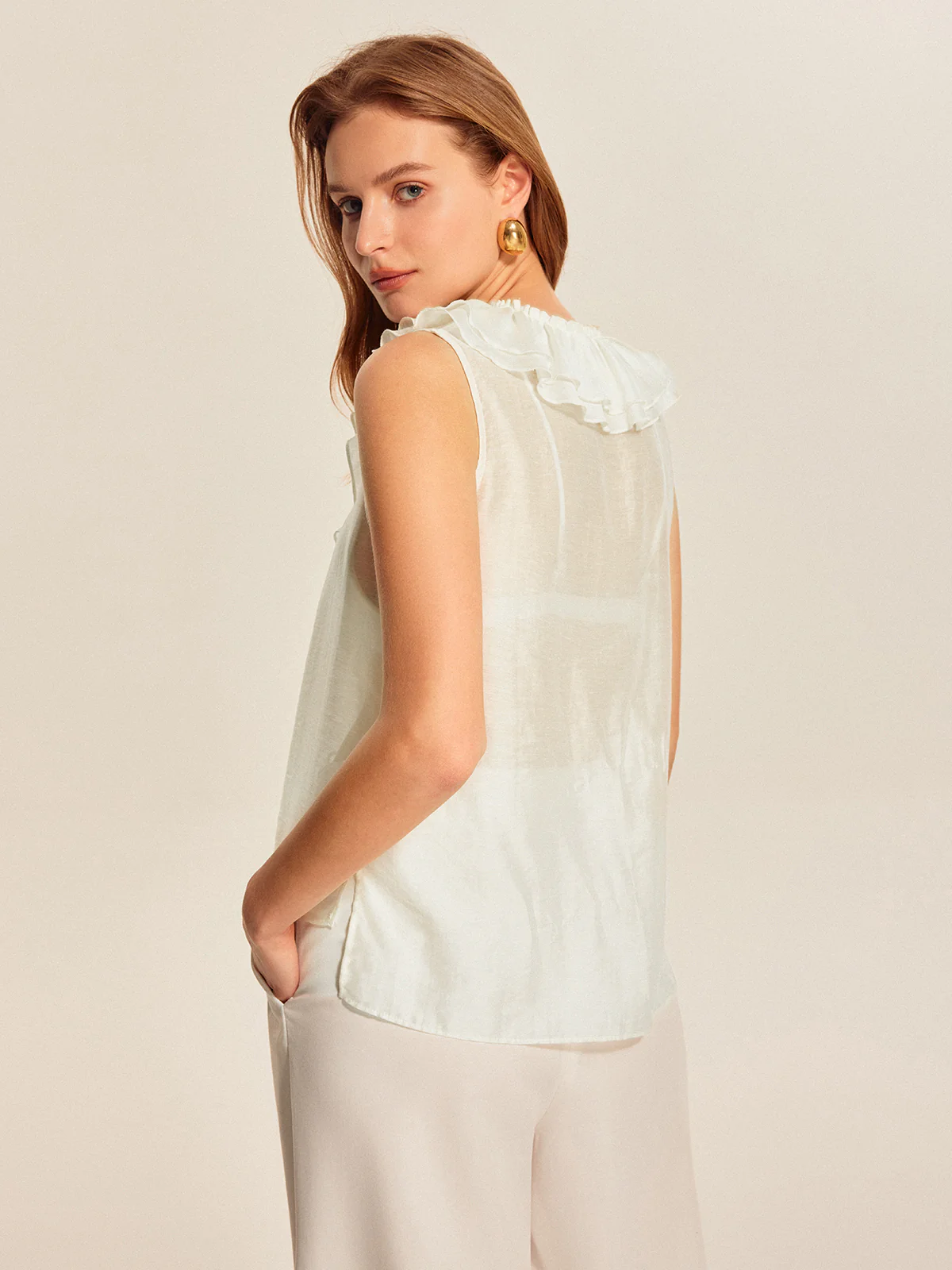 Semi-Sheer Ruffled Tie-Front Top - Takermore