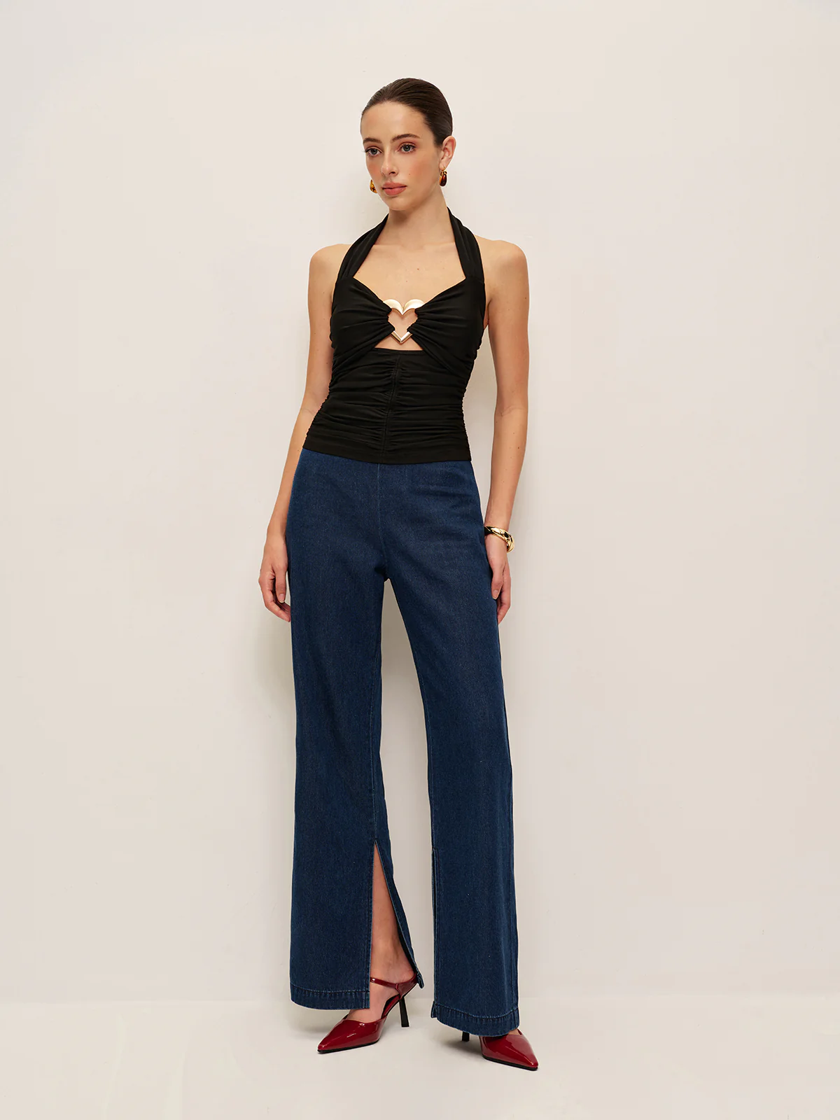 Heart Detail Ruched Halter Top - Takermore