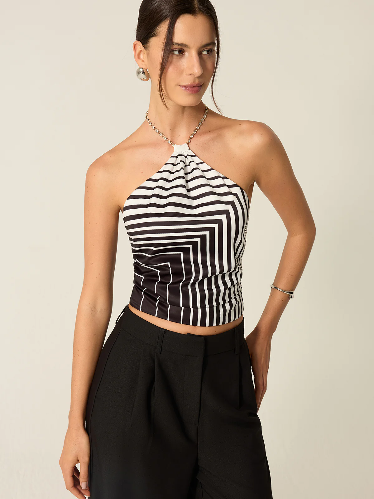 Striped Halter Top with Chain Strap - Takermore