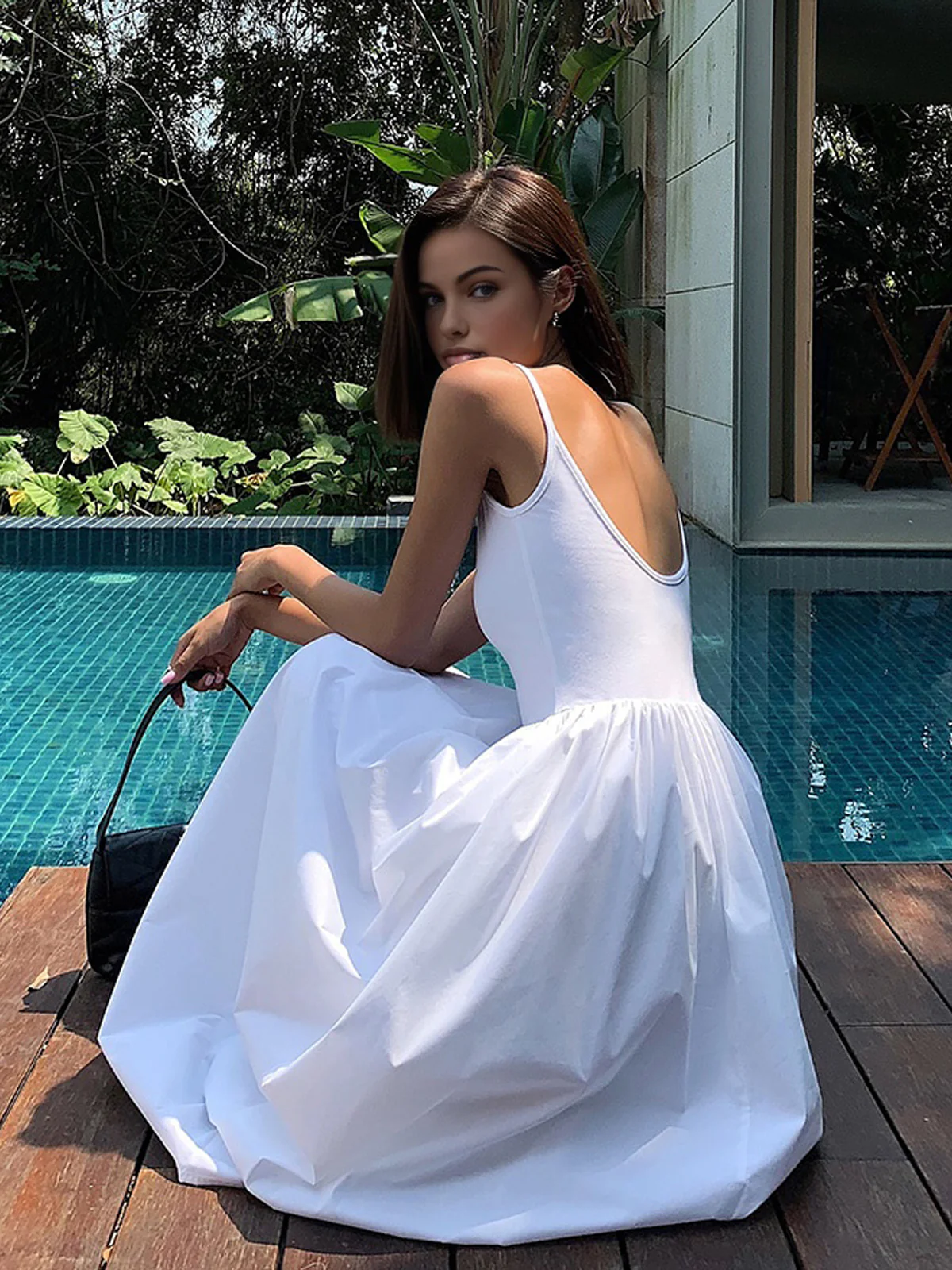 Patchwork Pockets Cotton Cami Midi Dress - Takermore