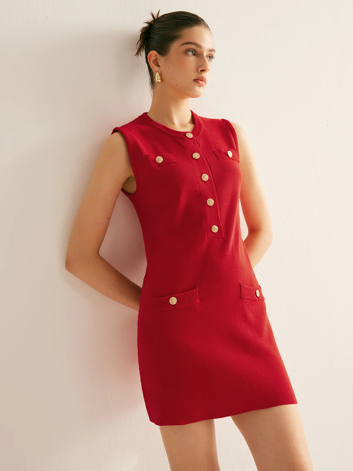 Plain Button Down Sleeveless Sweater Dress - Takermore