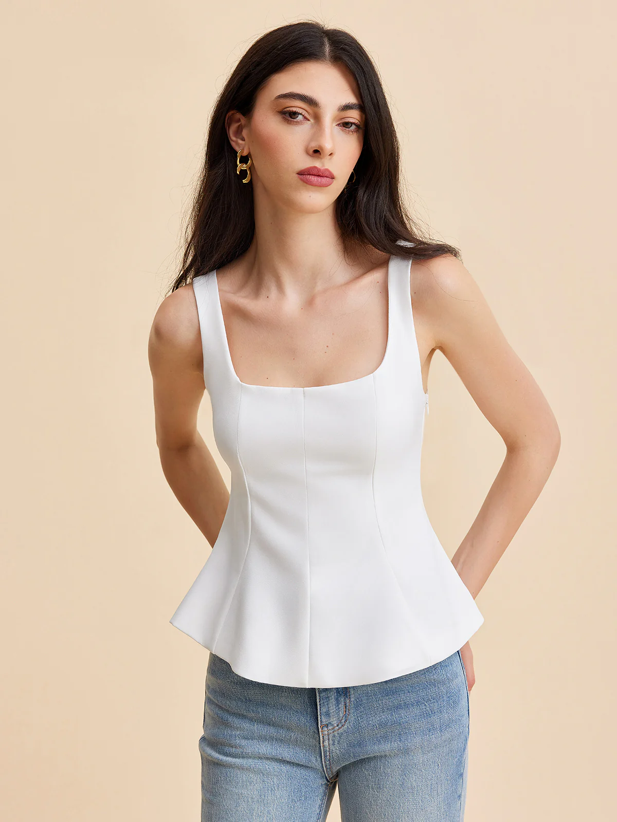 Square Neck Peplum Tank Top - Takermore