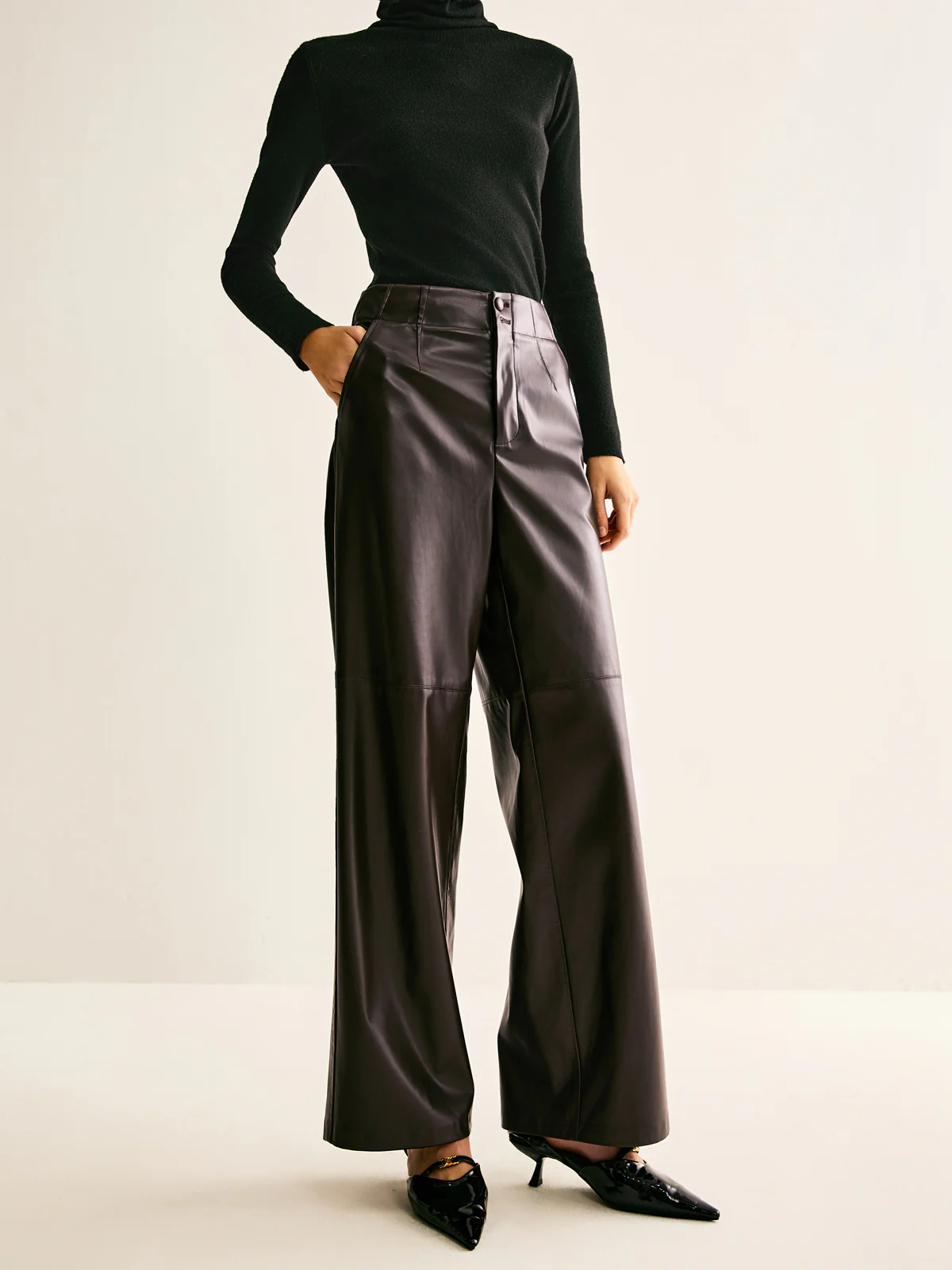 Faux Leather Mid Waist Pants - Takermore