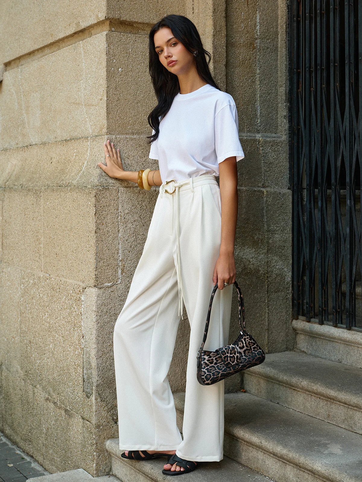 Belted High-Waisted Wide-Leg Pants - Takermore
