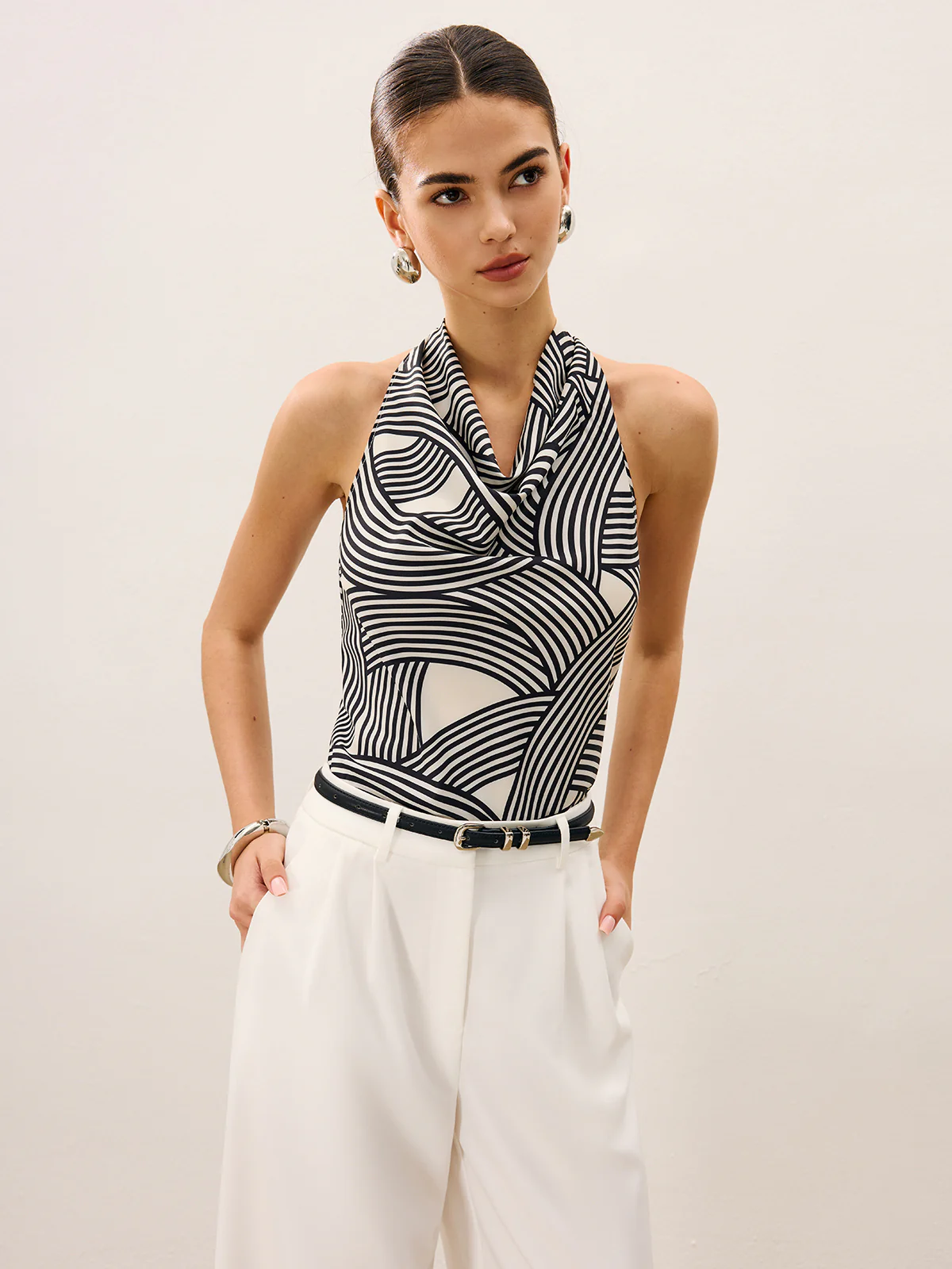 Abstract Stripe Print Cowl Neck Halter Top - Takermore
