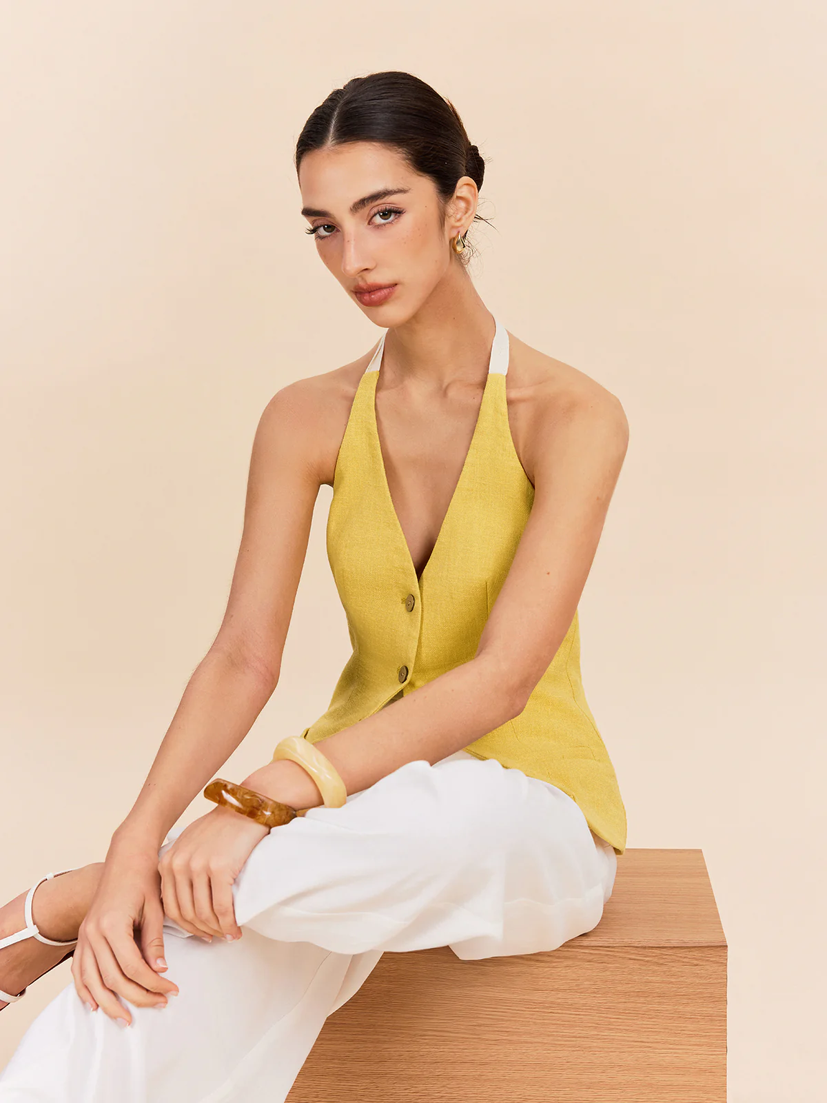 Cotton & Linen Halter Top With Decor Pocket - Takermore