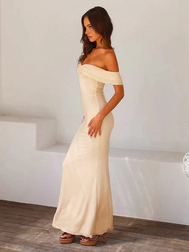 Off Shoulder Ruffle Satin Long Dress - Takermore