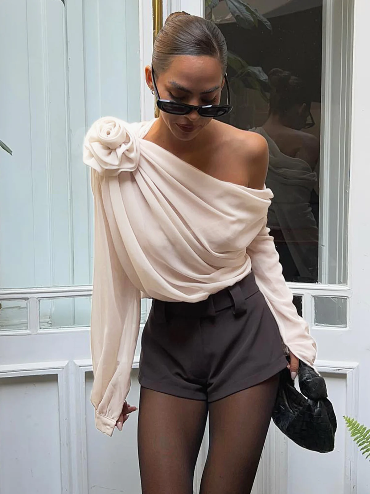 Chiffon Semi-sheer One Shoulder Asymmetrical Blouse - Takermore