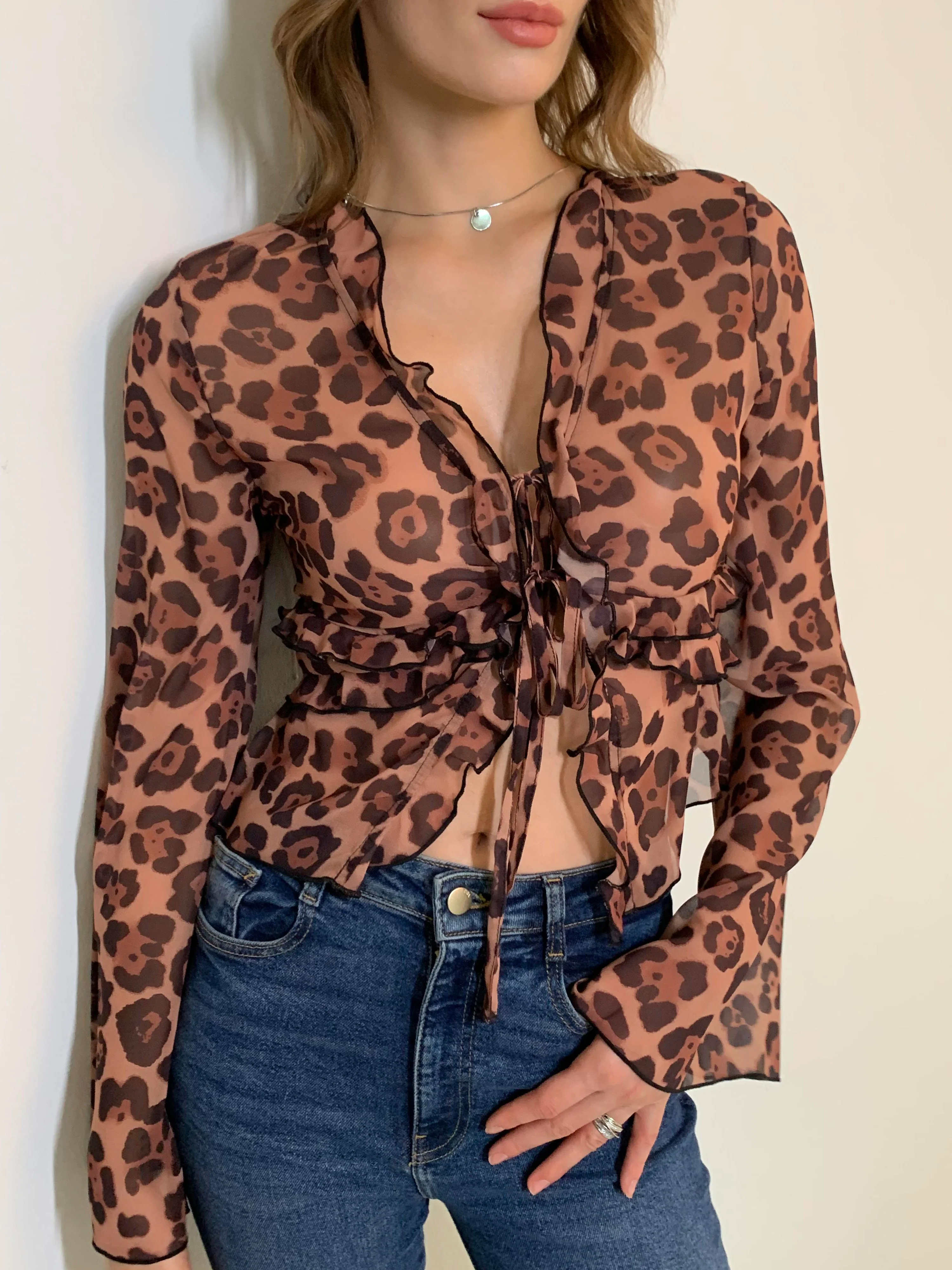 Leopard Print Semi-Sheer Ruffle V-Neck Blouse - Takermore