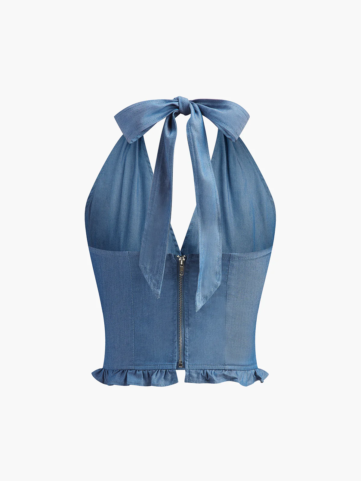 Ruffled Hem Denim Halter Top - Takermore