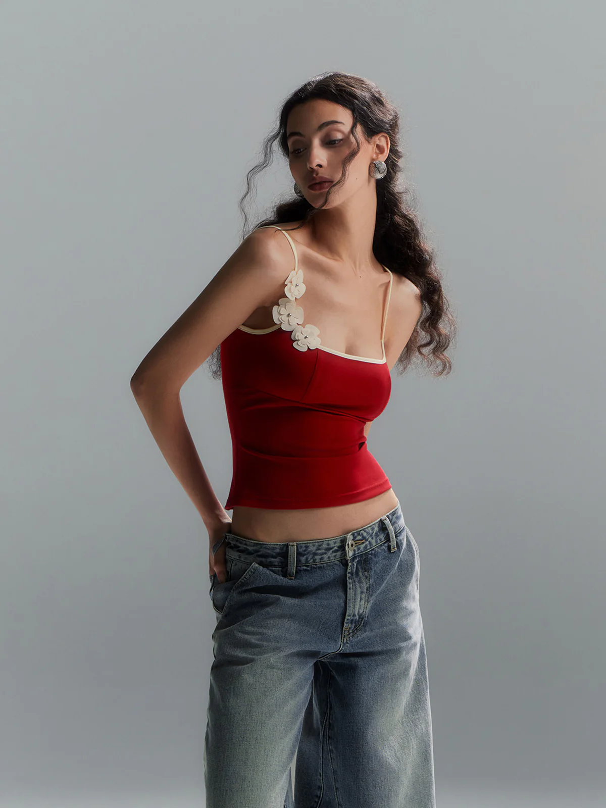 Floral Contrast Trim Bodycon Cami Top - Takermore