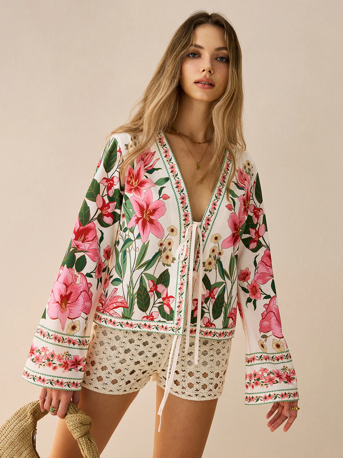 Floral Print Tie-Front Shirt - Takermore