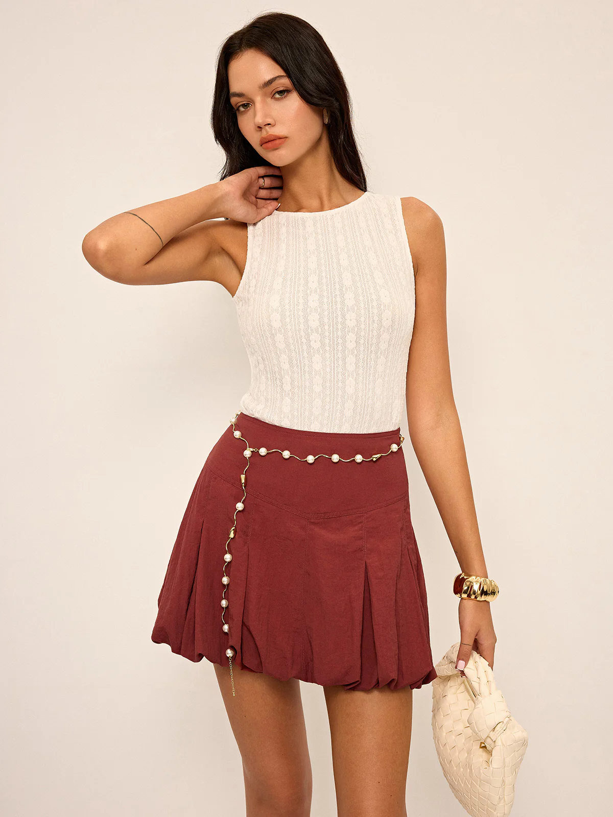 High-Waisted Pleated Bubble Hem Mini Skirt - Takermore