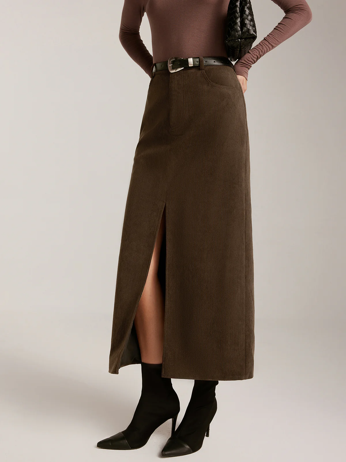 Corduroy Split Belted Midi Skirt - Takermore