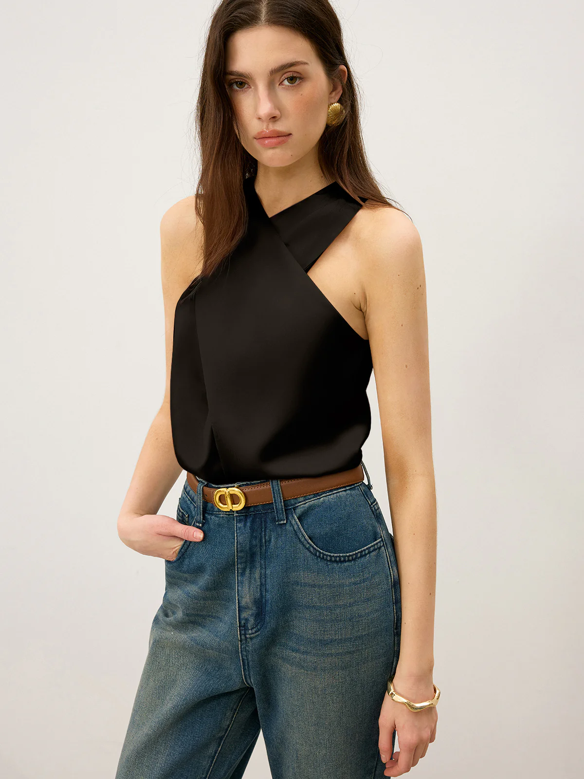 Satin Cross-Over Collar Tank Top - Takermore