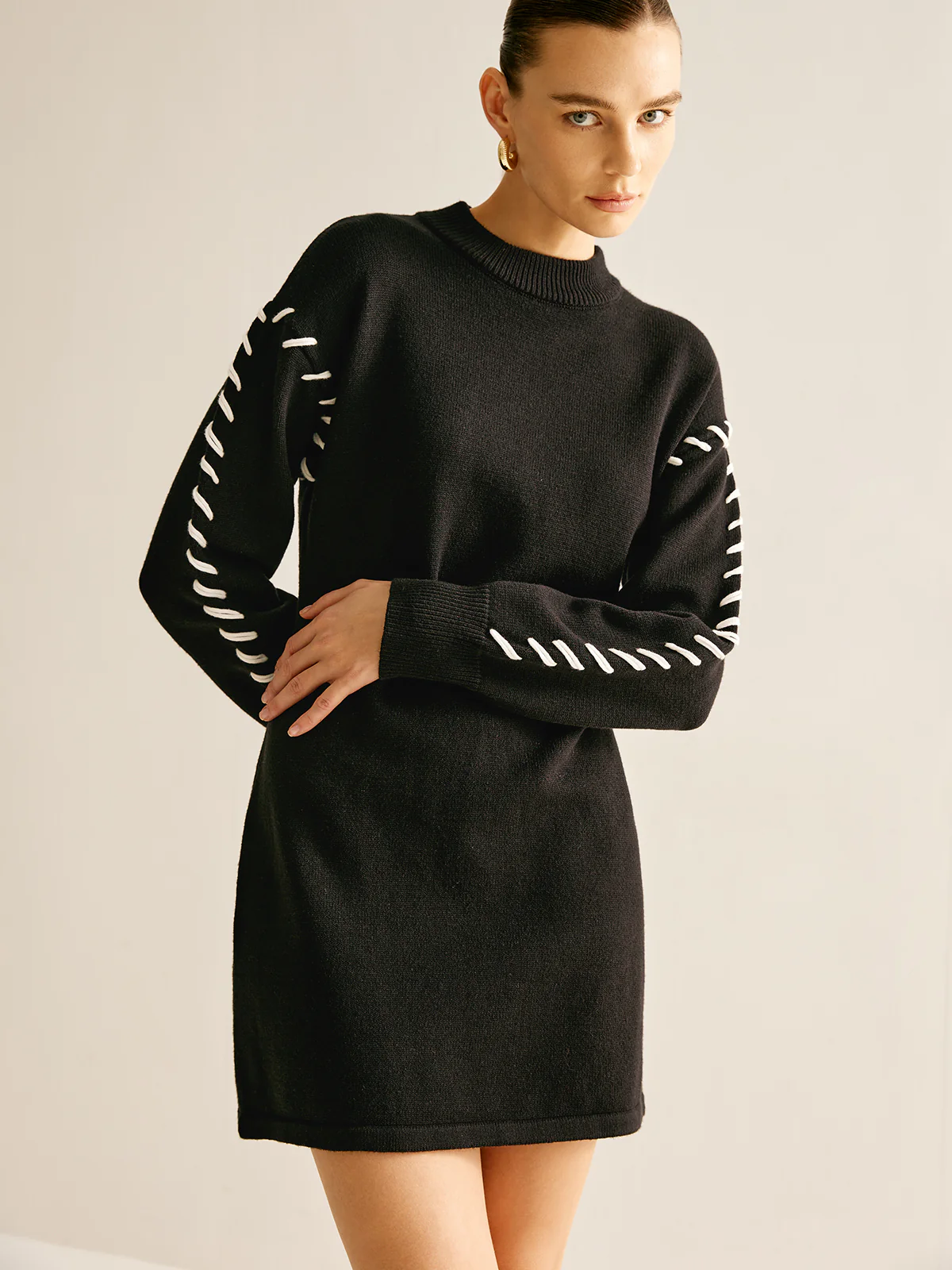 Contrast Trim Sweater Short Dress - Takermore