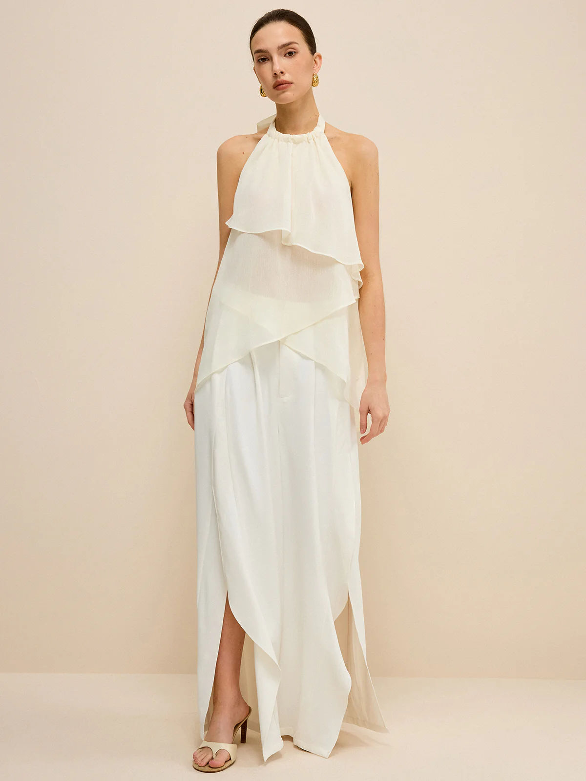 Semi-Sheer Layered Asymmetric Halter Chiffon Top - Takermore