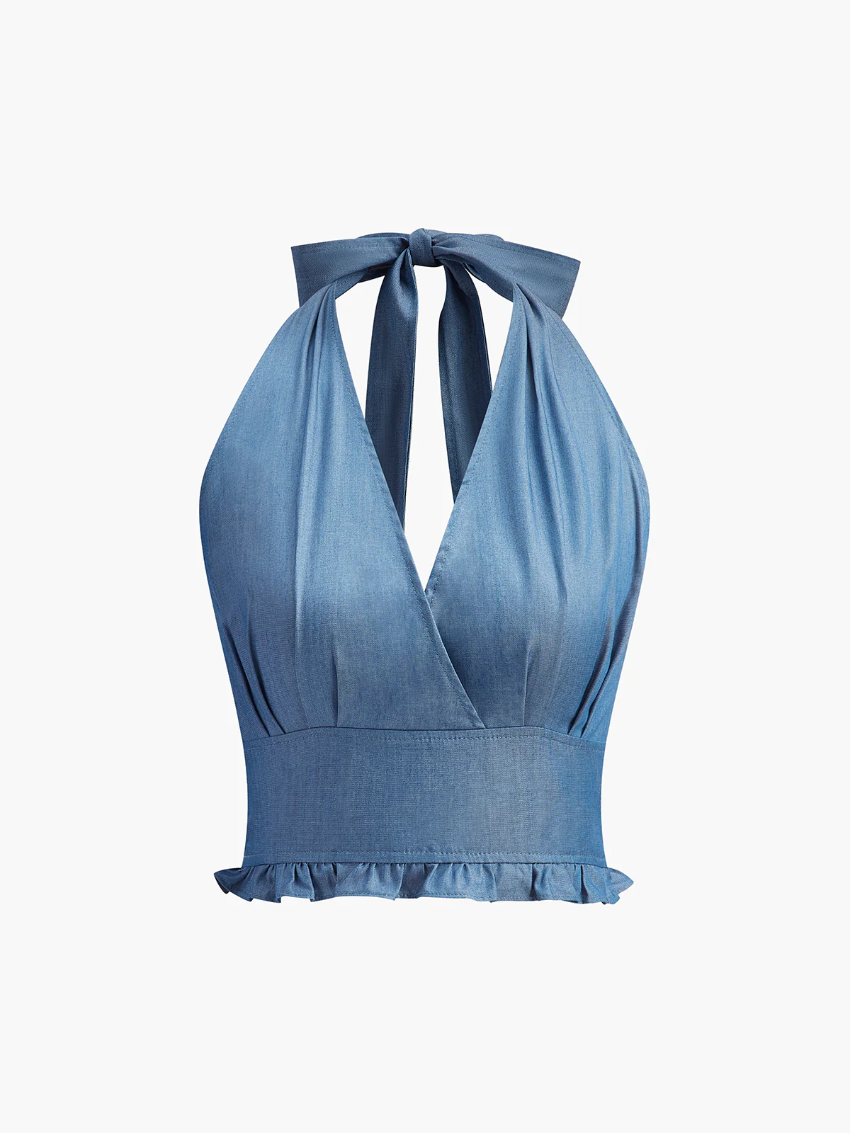 Ruffled Hem Denim Halter Top - Takermore
