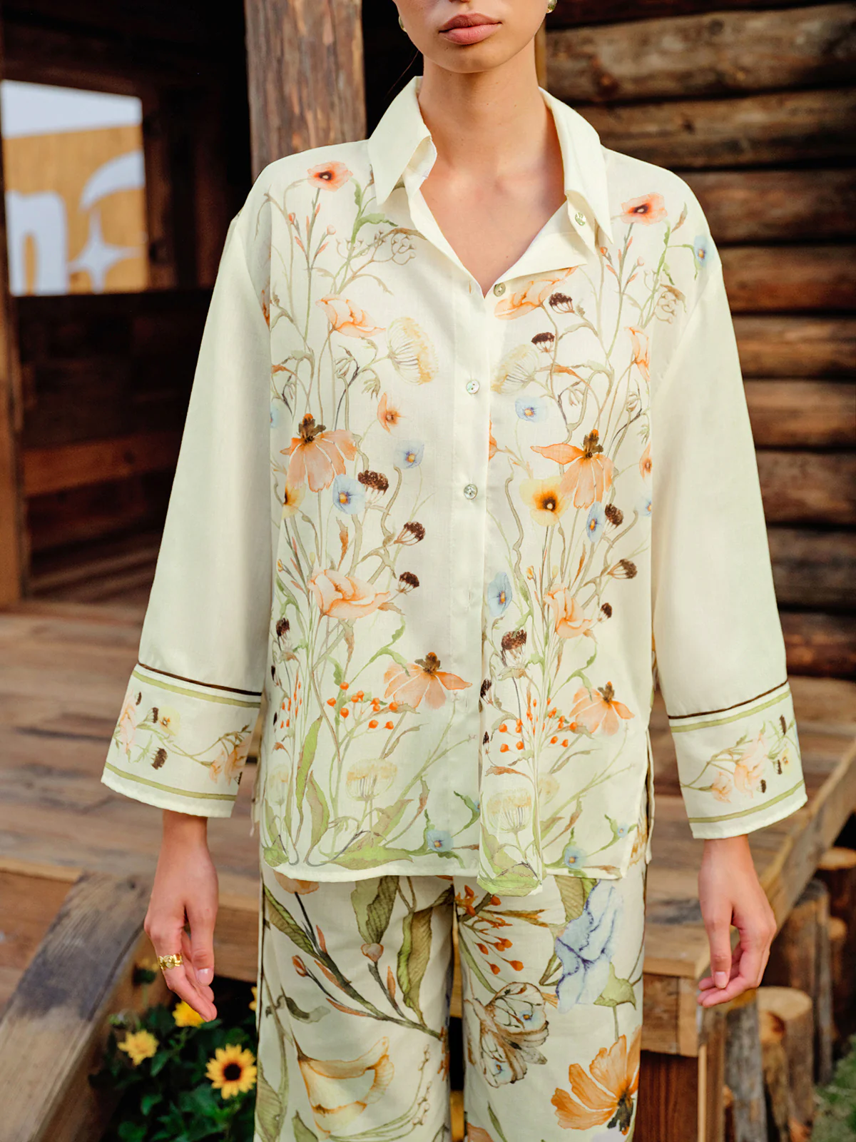 Semi-Sheer Floral Print Button-Up Shirt - Takermore