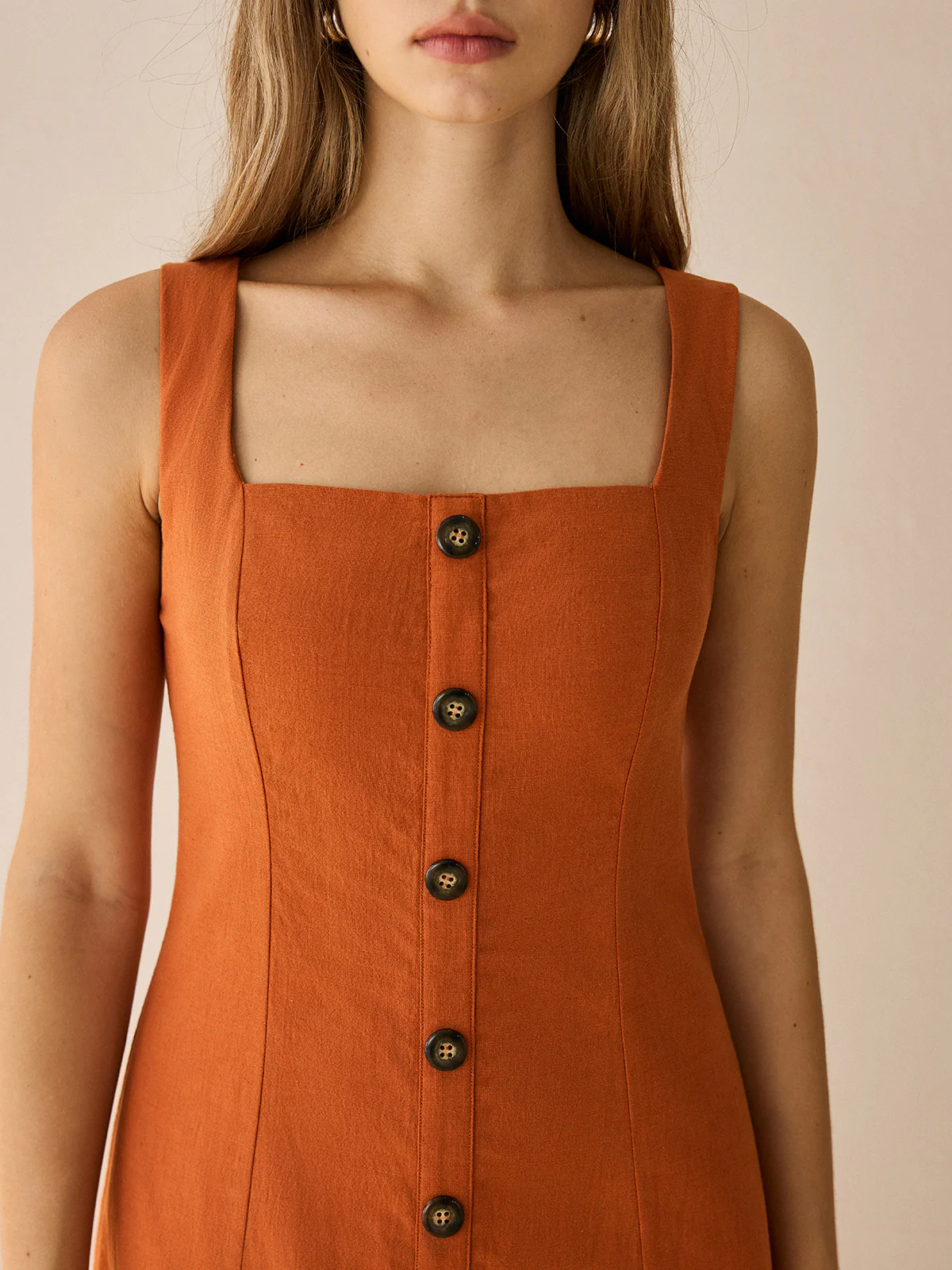 Square-Neck Button-Front Maxi Dress with Slit - Takermore