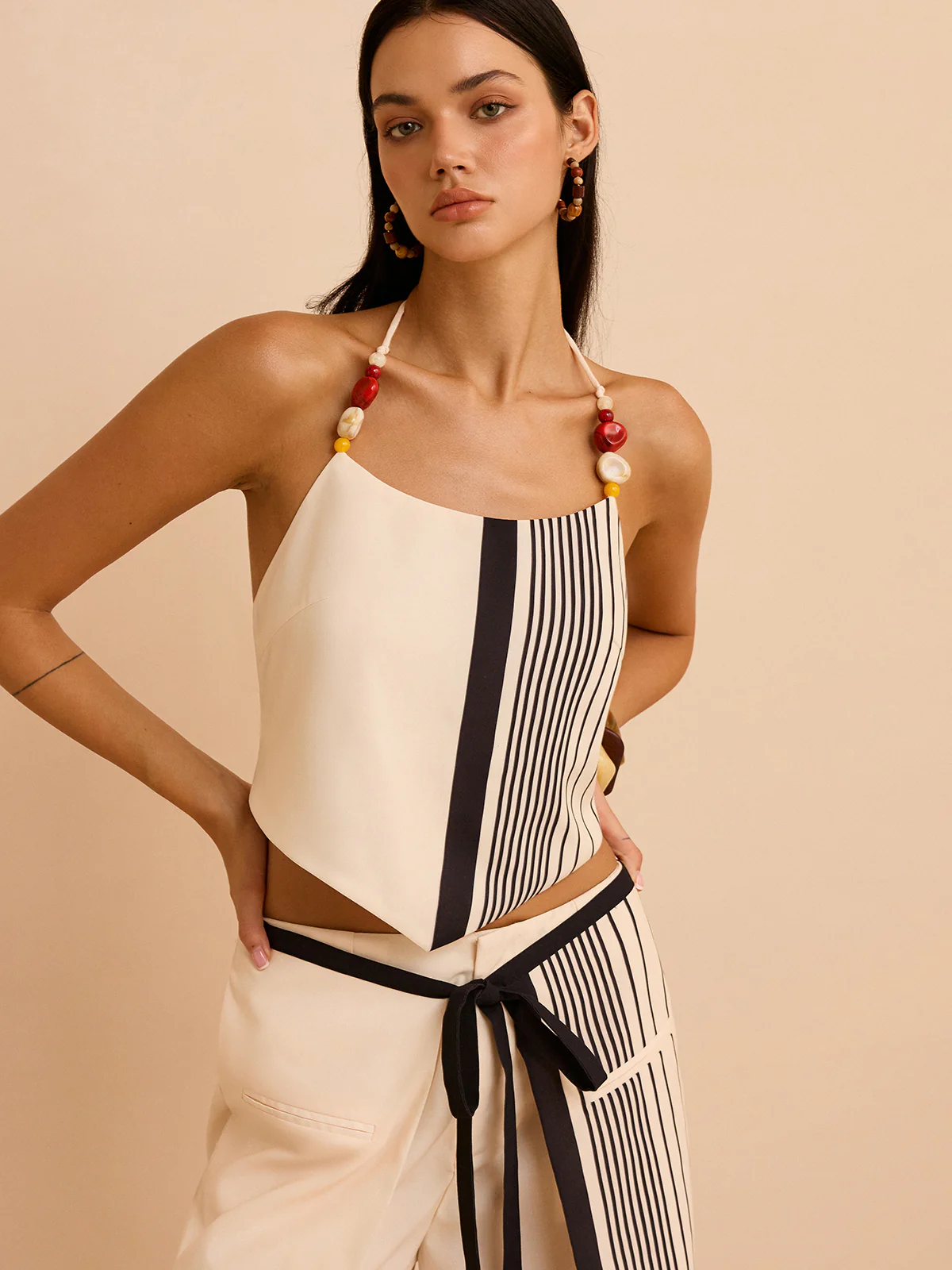 Striped Halter Top with Beaded Straps - Takermore