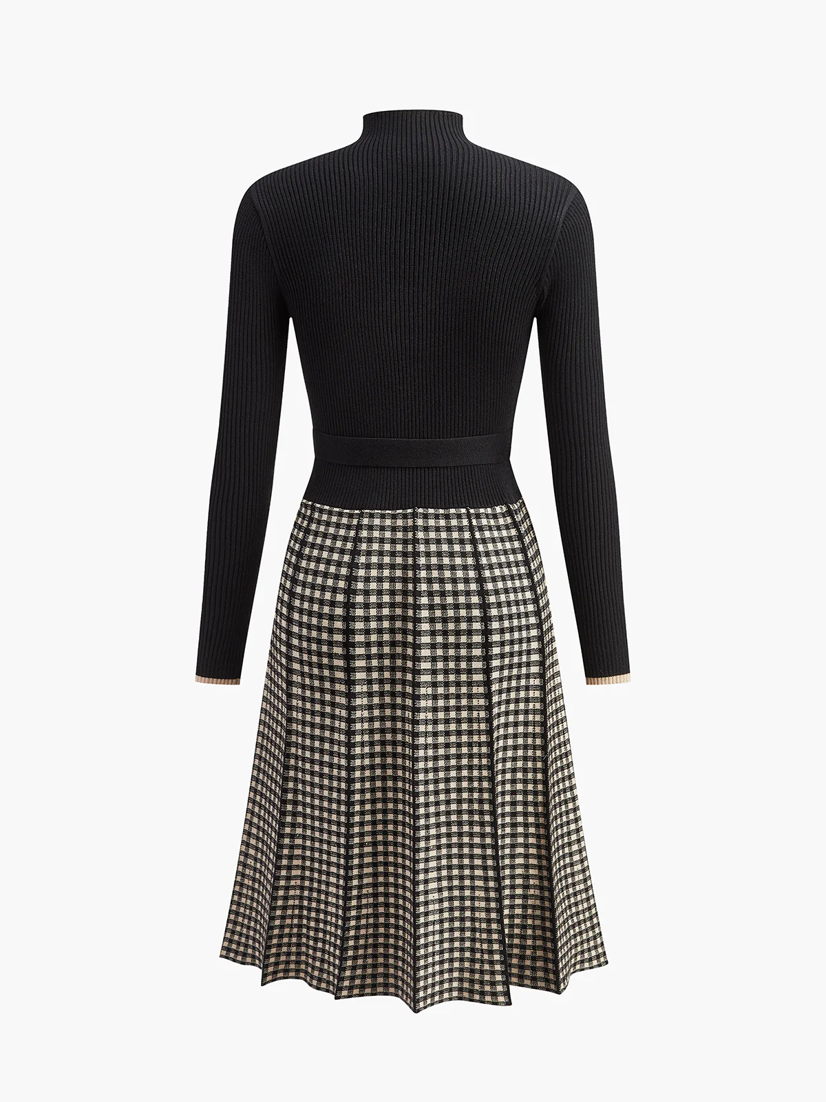 Belted Plaid Panel Sweater Dress - Takermore