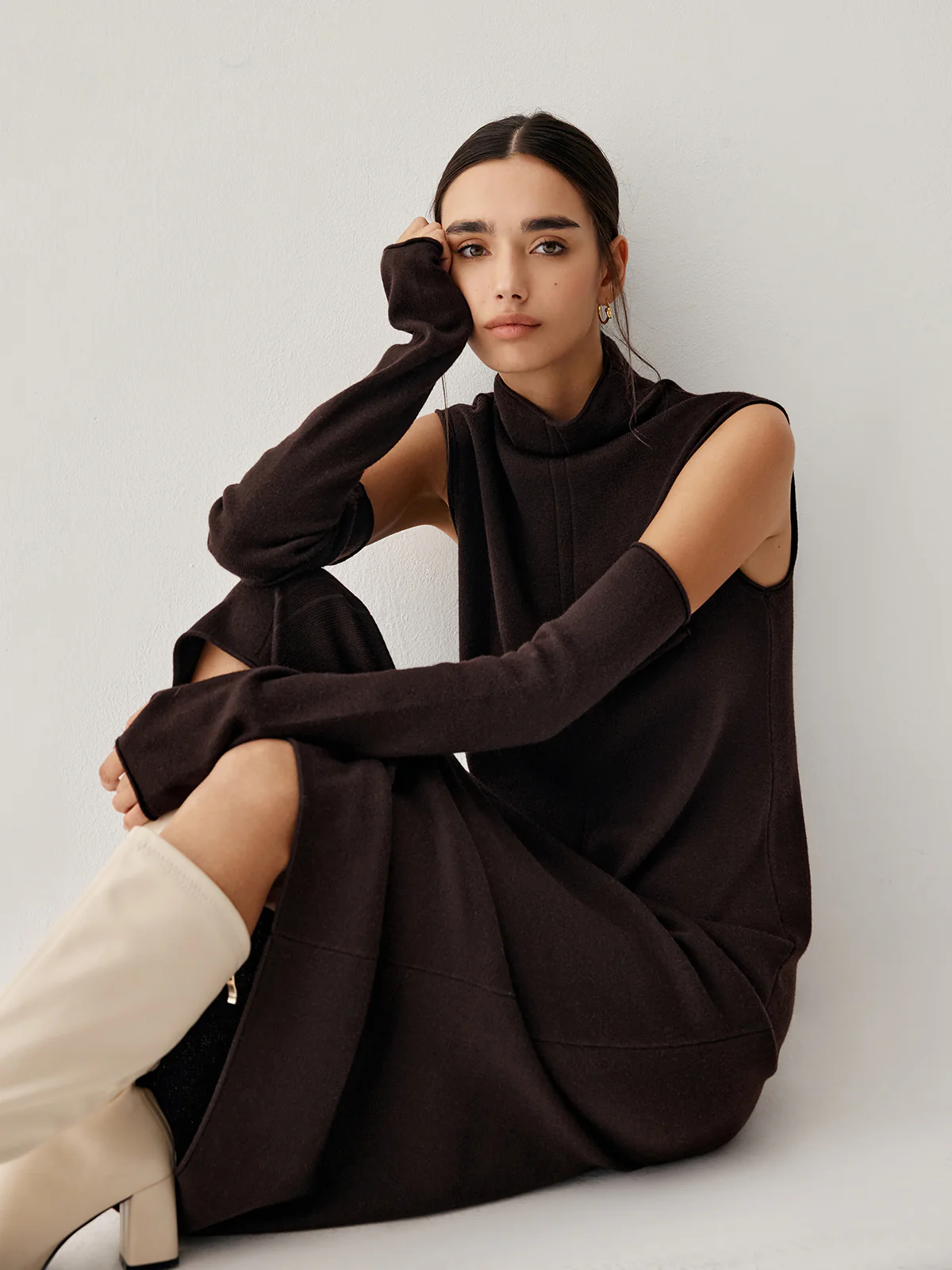 Mock Neck Long Sweater Dress With Gloves - Takermore