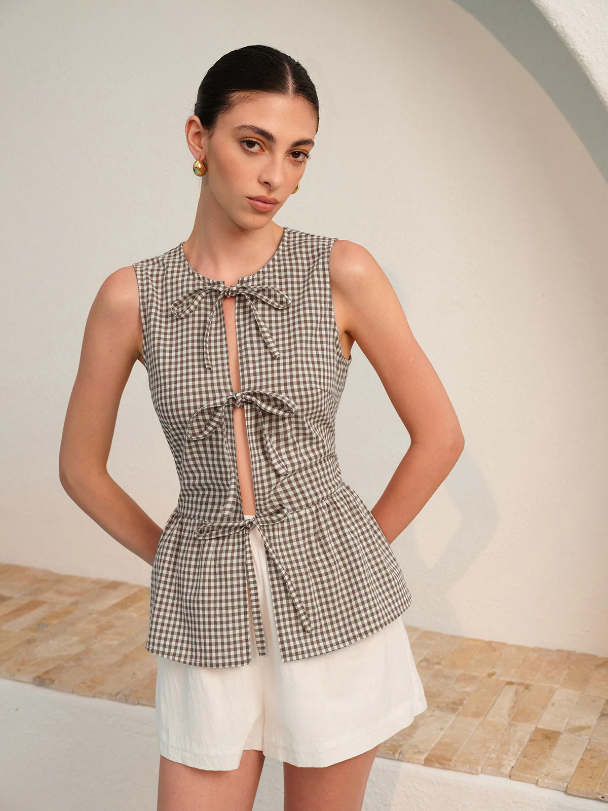 Gingham Tie-Front Peplum Top - Takermore