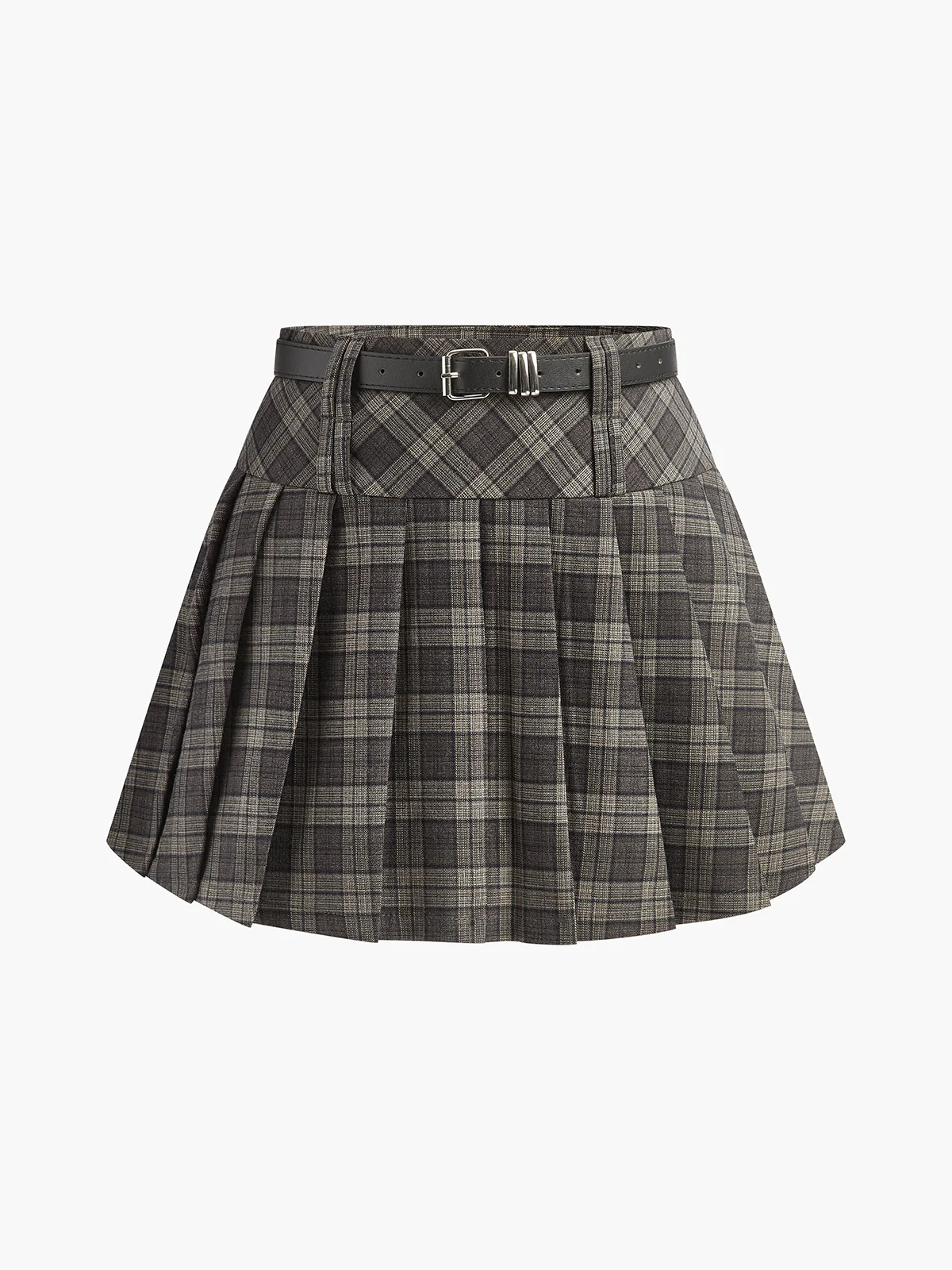 Mid-Waist Checked Pleated Skirt With Belt - Takermore