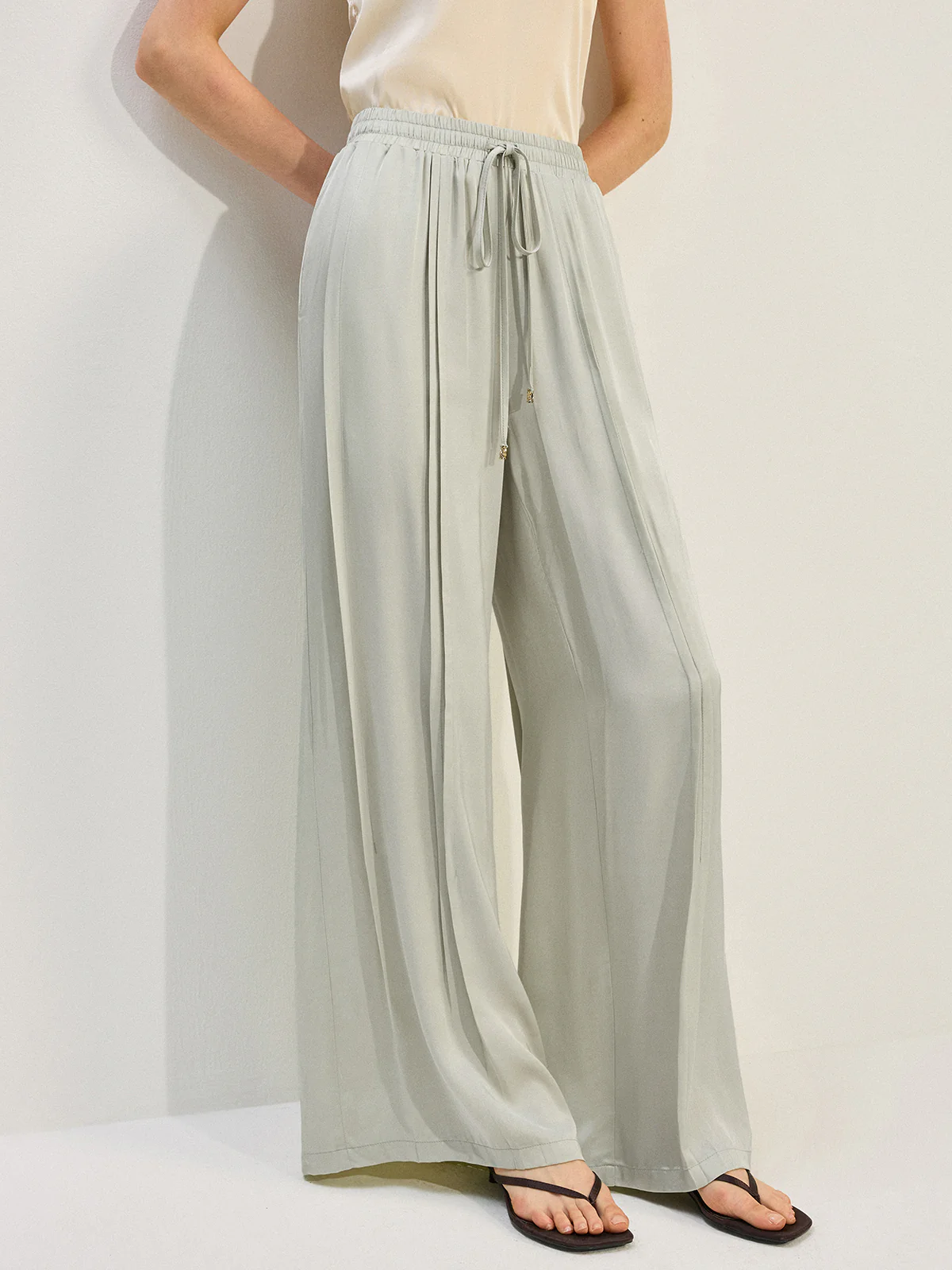 Tencel Rayon Satin Wide-Leg Pants with Pleats - Takermore