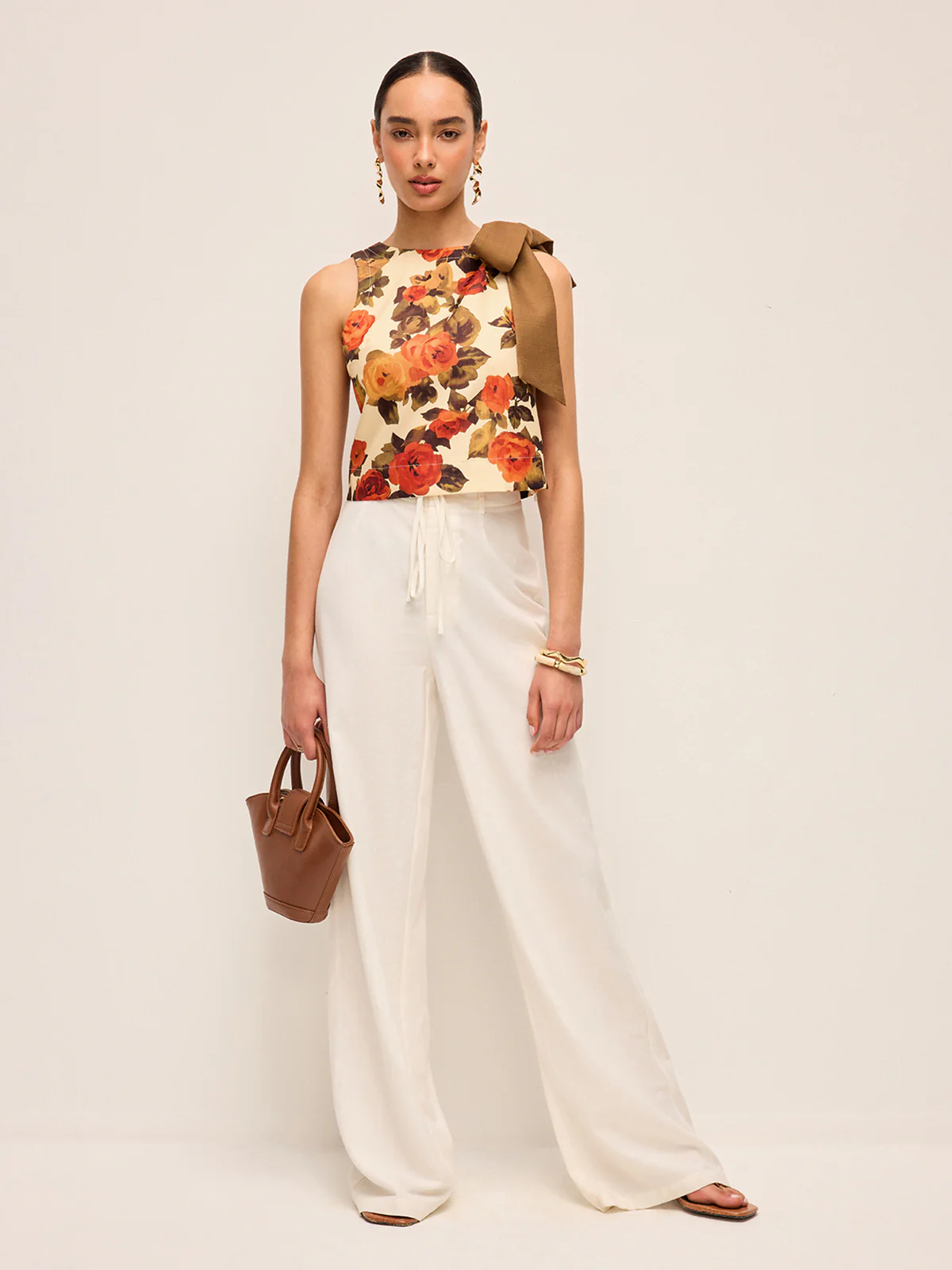 Floral Print Bow Detail Tank Top - Takermore