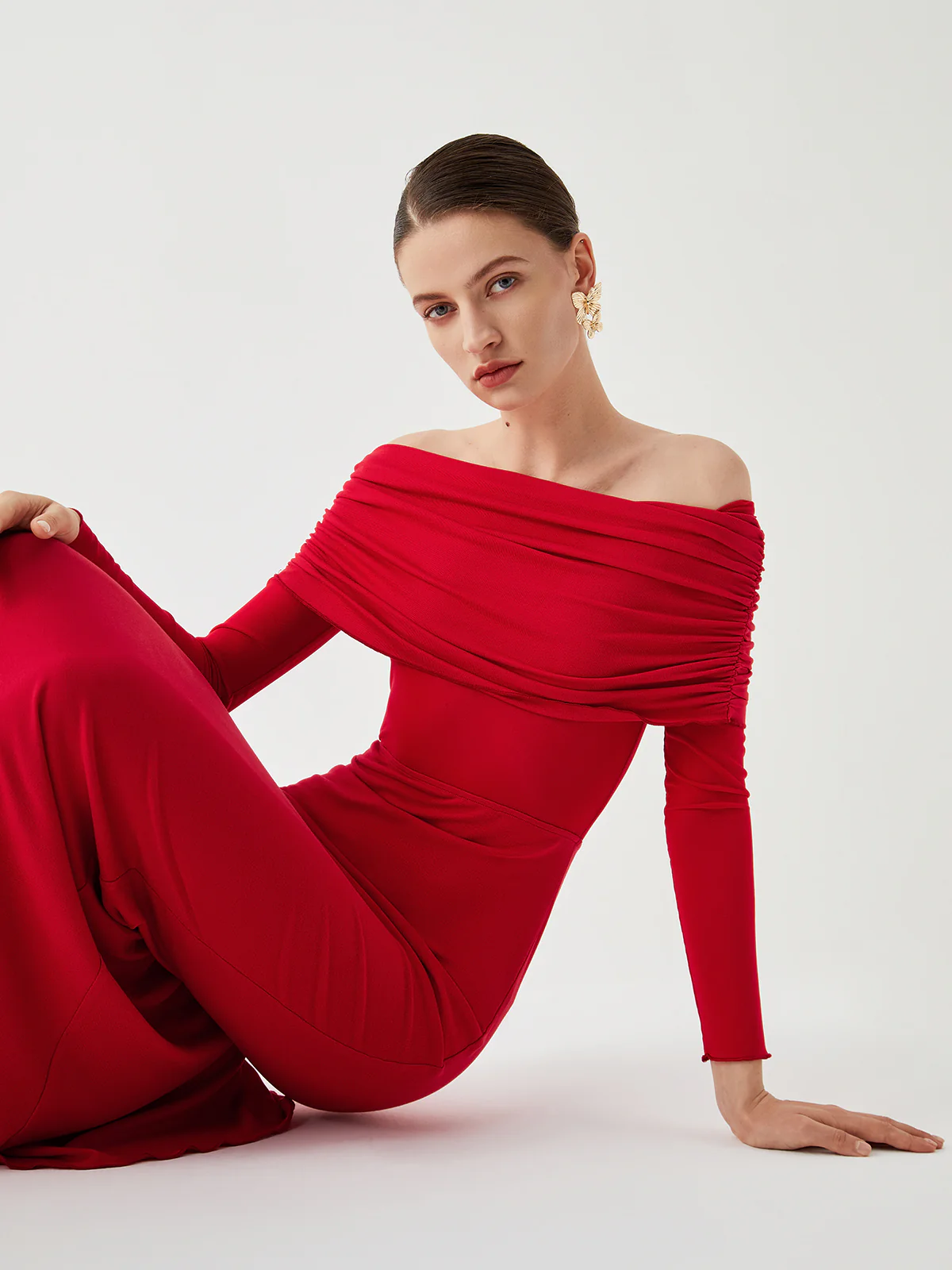 Semi-Sheer Off-Shoulder Mesh Long Sleeve Long Dress - Takermore