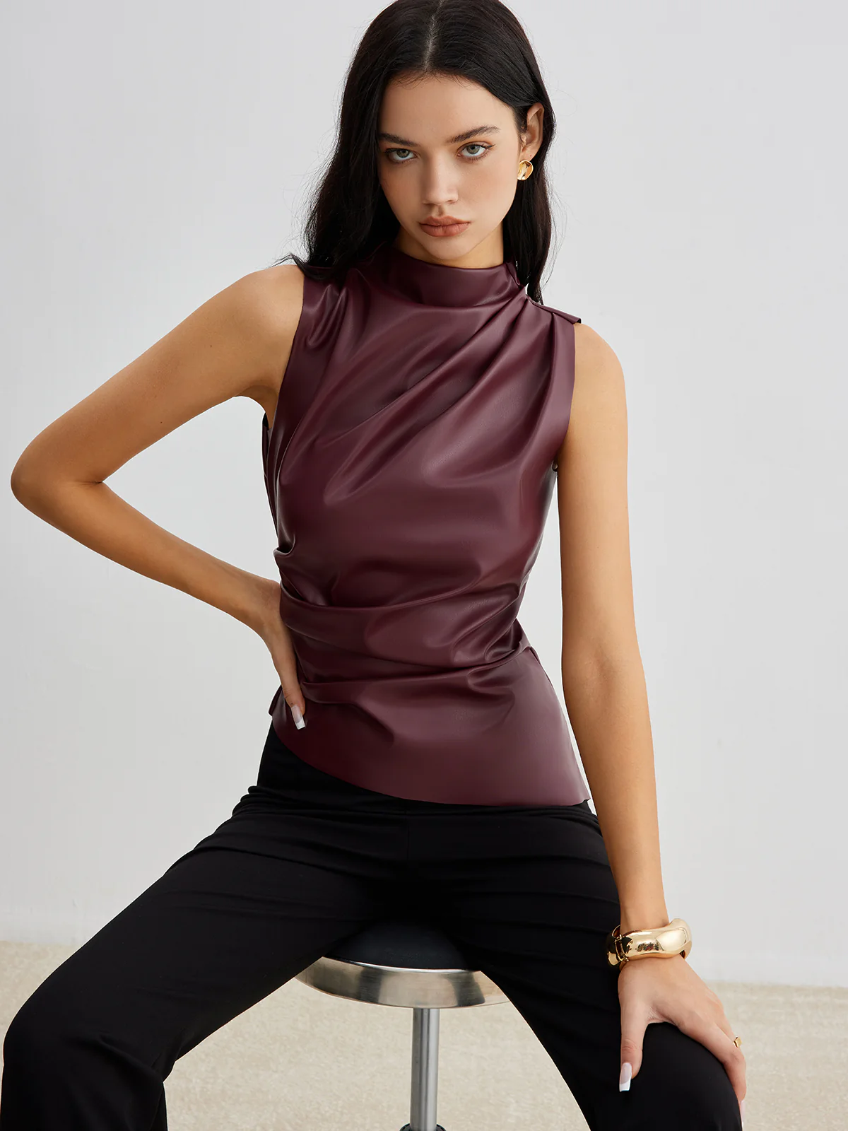 Mock Neck Faux Leather Cinched Tank Top - Takermore