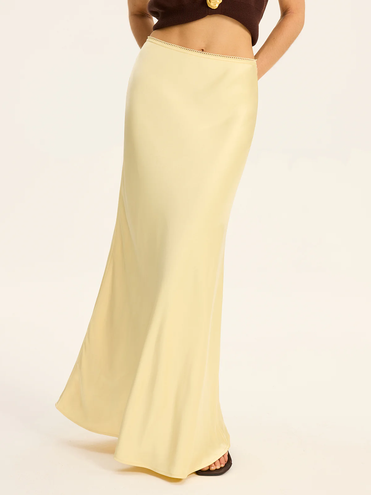 Satin Maxi Skirt with Lace Waistband - Takermore