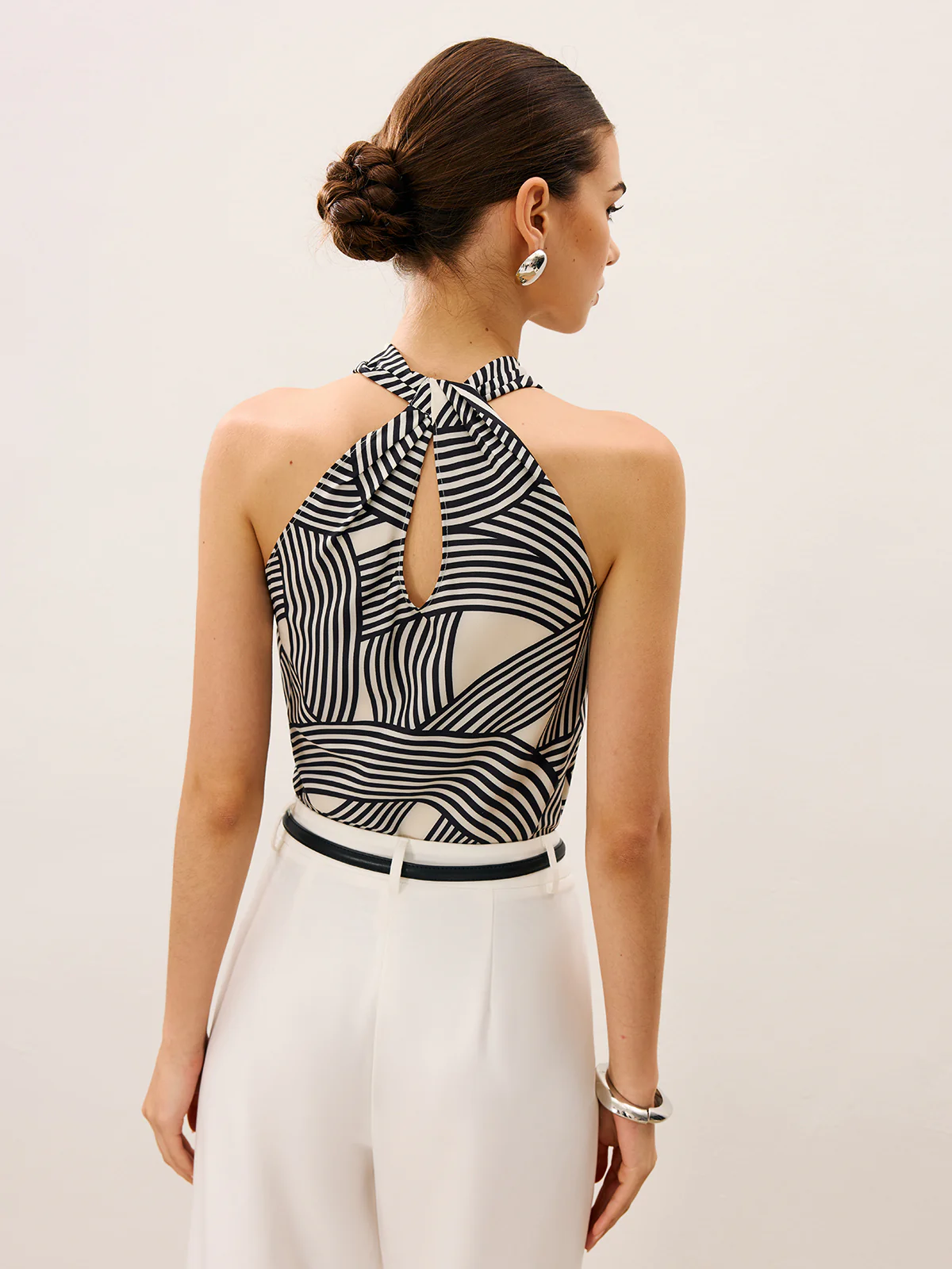 Abstract Stripe Print Cowl Neck Halter Top - Takermore
