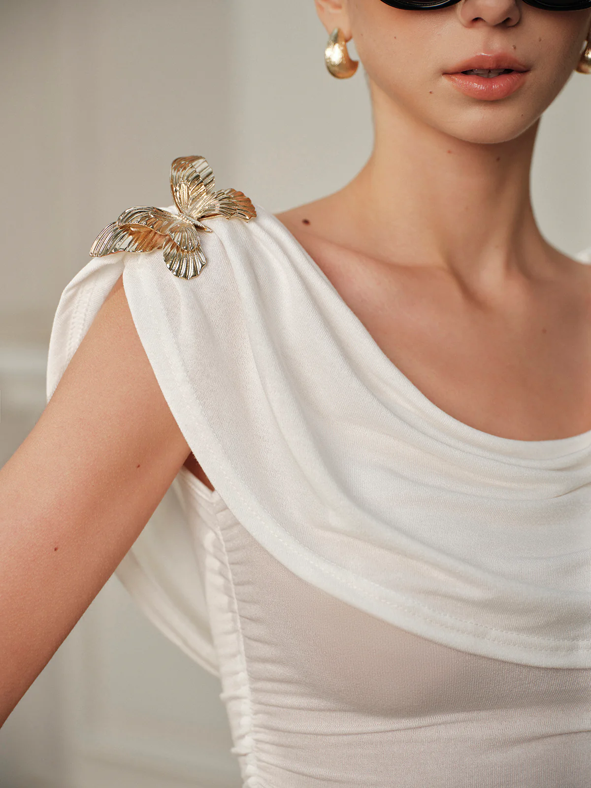 Semi-Sheer Metal Butterfly Cowl-Neck Top - Takermore