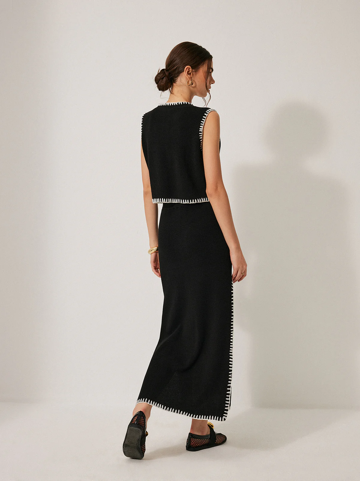 Contrast Trim Knit Tank Top With Skirt Set - Takermore