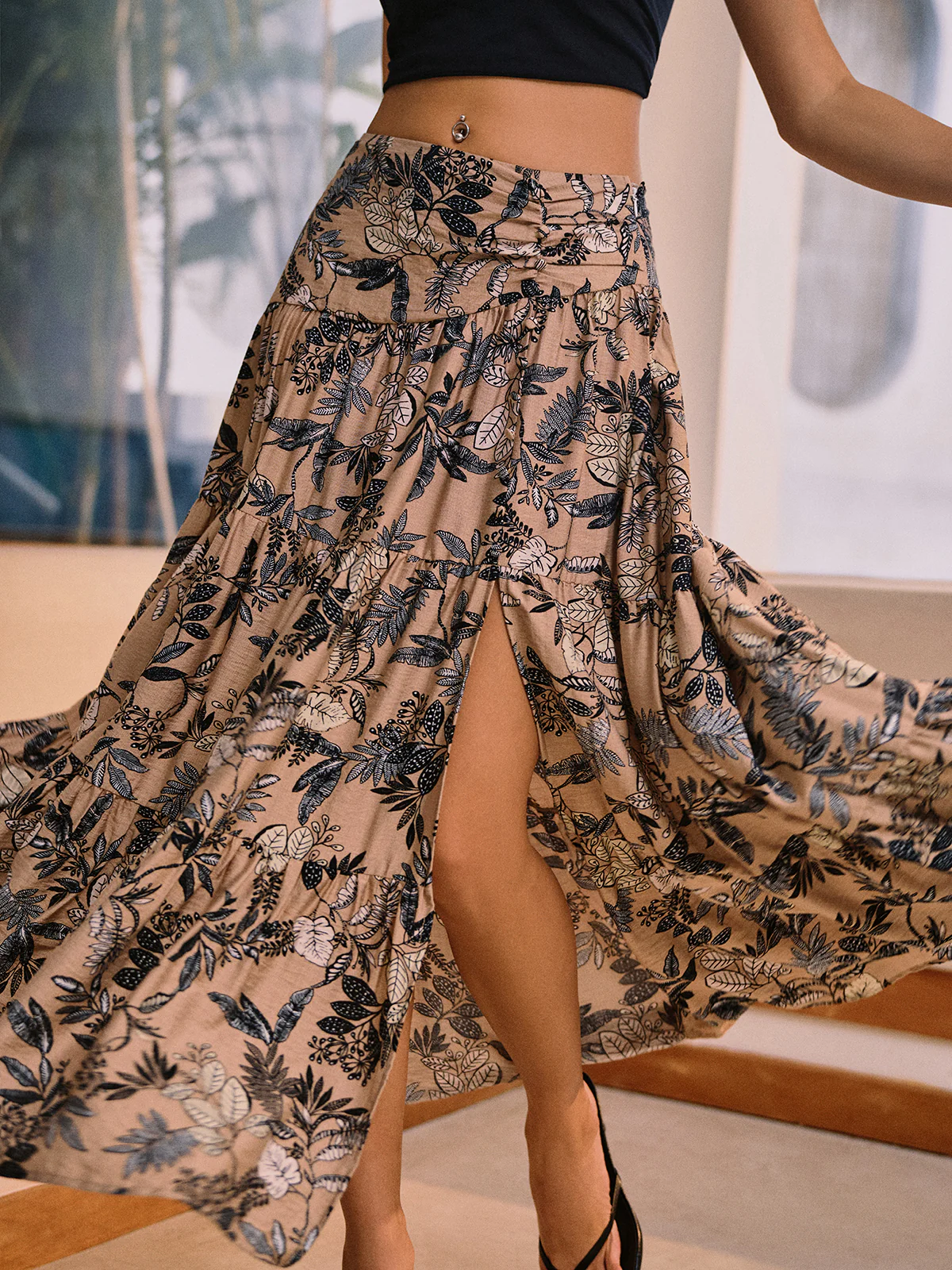 Herbal Harmony Plant Print Split Maxi Skirt - Takermore